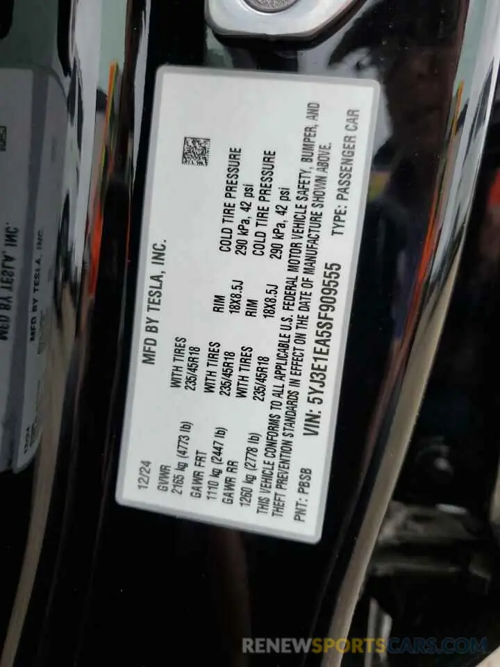 14 fotografías del automóvil dañado 5YJ3E1EA5SF909555 TESLA MODEL 3 2025