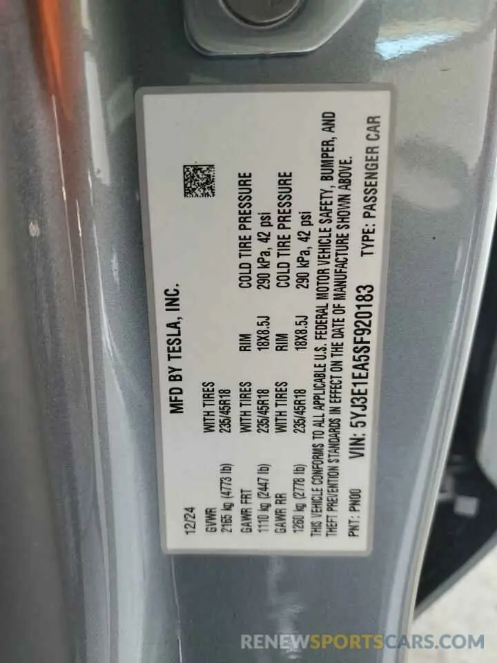 14 fotografías del automóvil dañado 5YJ3E1EA5SF920183 TESLA MODEL 3 2025
