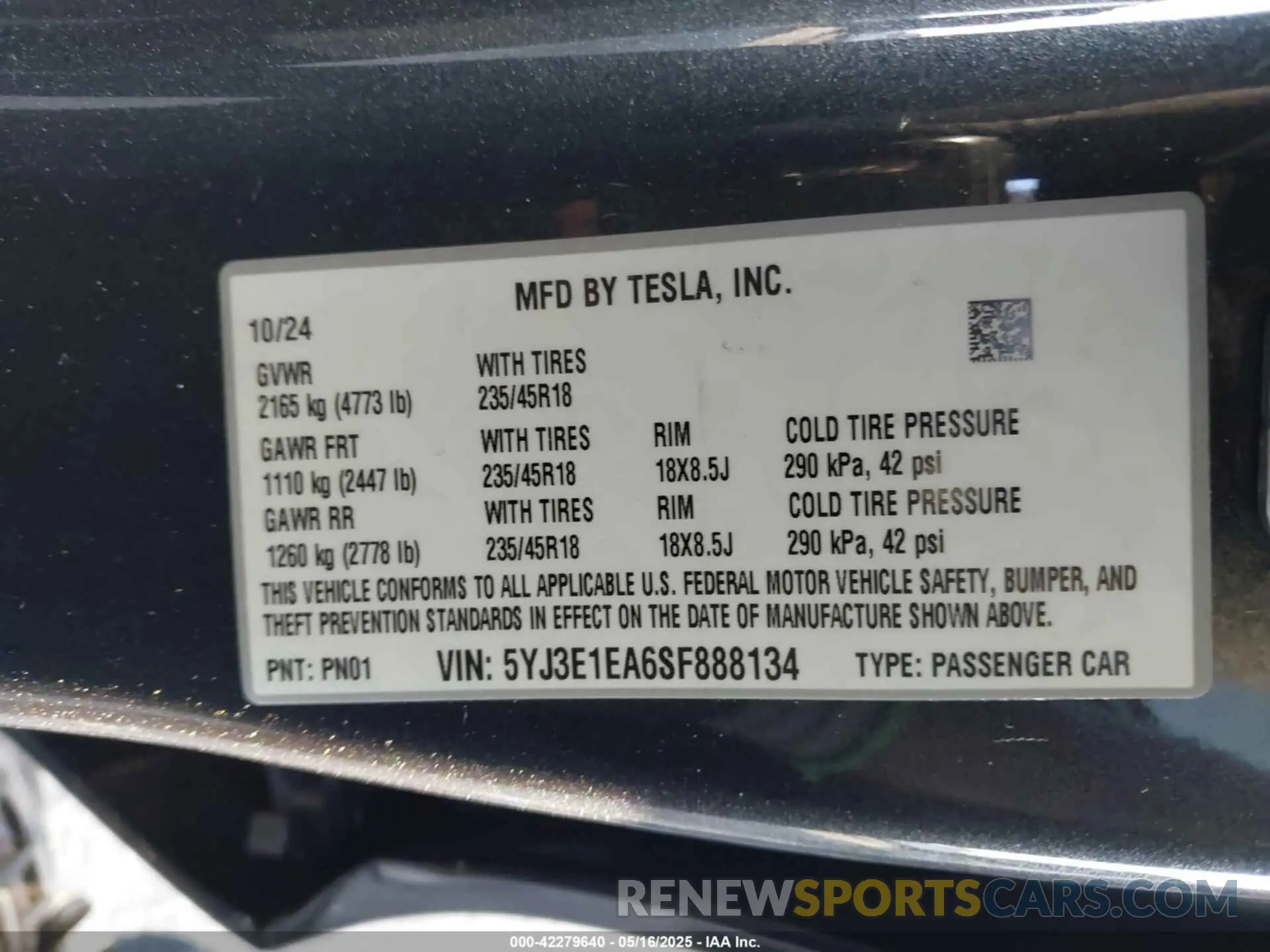 9 fotografías del automóvil dañado 5YJ3E1EA6SF888134 TESLA MODEL 3 2025