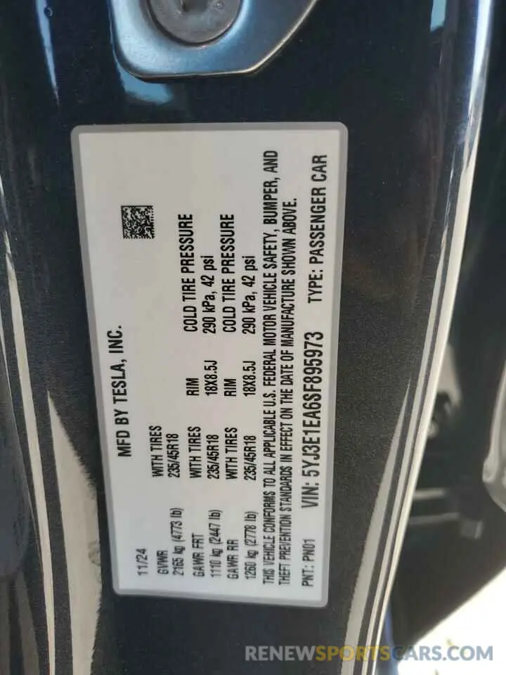 12 fotografías del automóvil dañado 5YJ3E1EA6SF895973 TESLA MODEL 3 2025