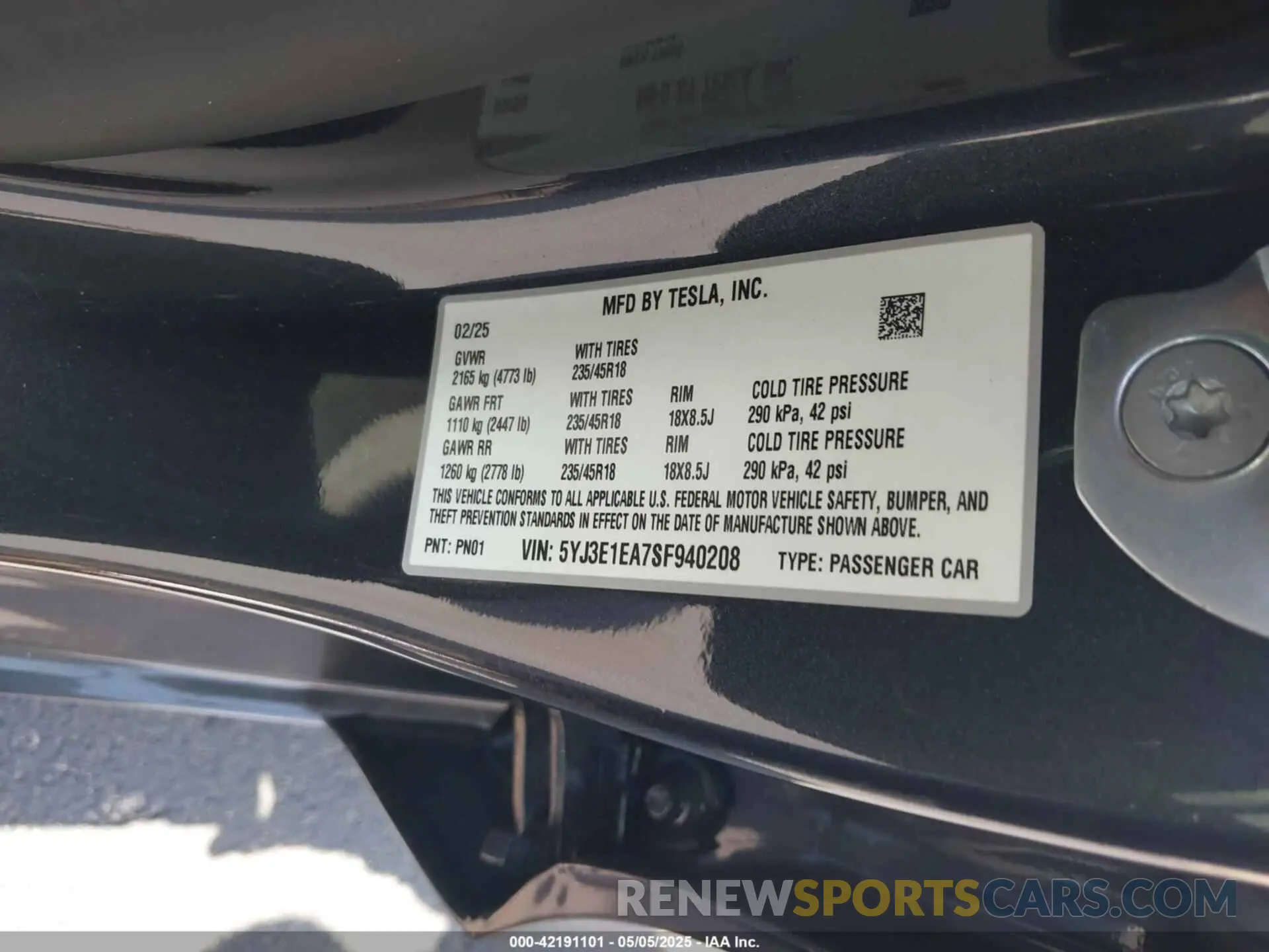 9 fotografías del automóvil dañado 5YJ3E1EA7SF940208 TESLA MODEL 3 2025