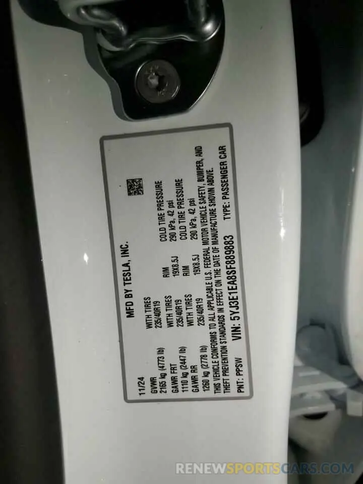 12 fotografías del automóvil dañado 5YJ3E1EA8SF889883 TESLA MODEL 3 2025