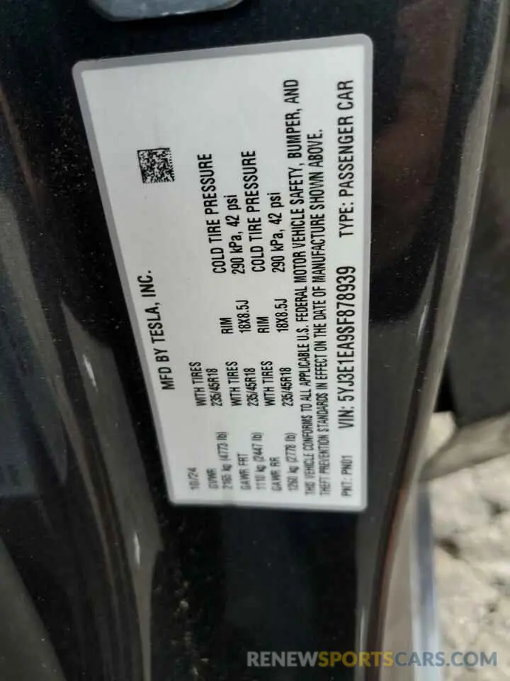 12 fotografías del automóvil dañado 5YJ3E1EA9SF878939 TESLA MODEL 3 2025