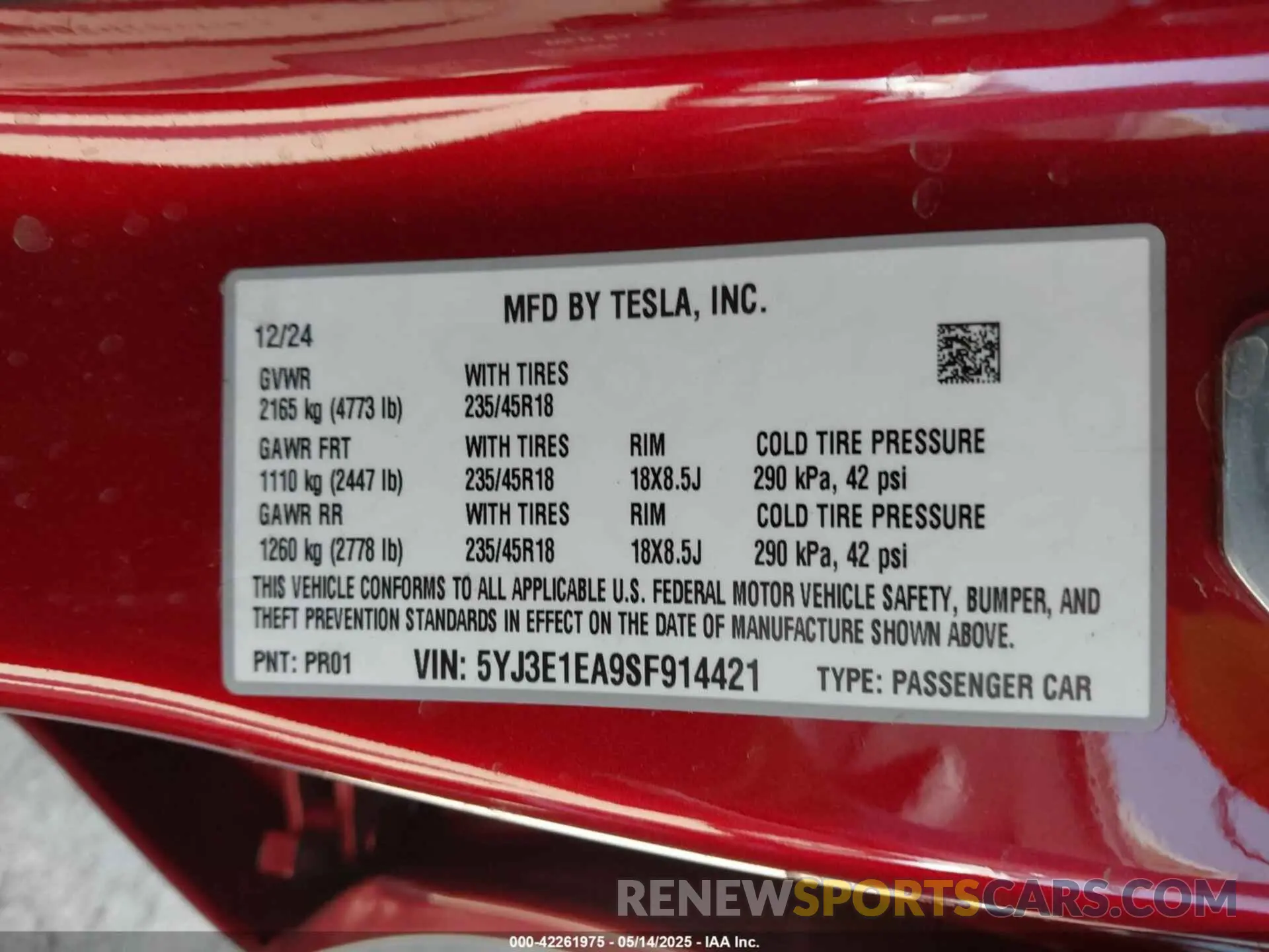 9 fotografías del automóvil dañado 5YJ3E1EA9SF914421 TESLA MODEL 3 2025