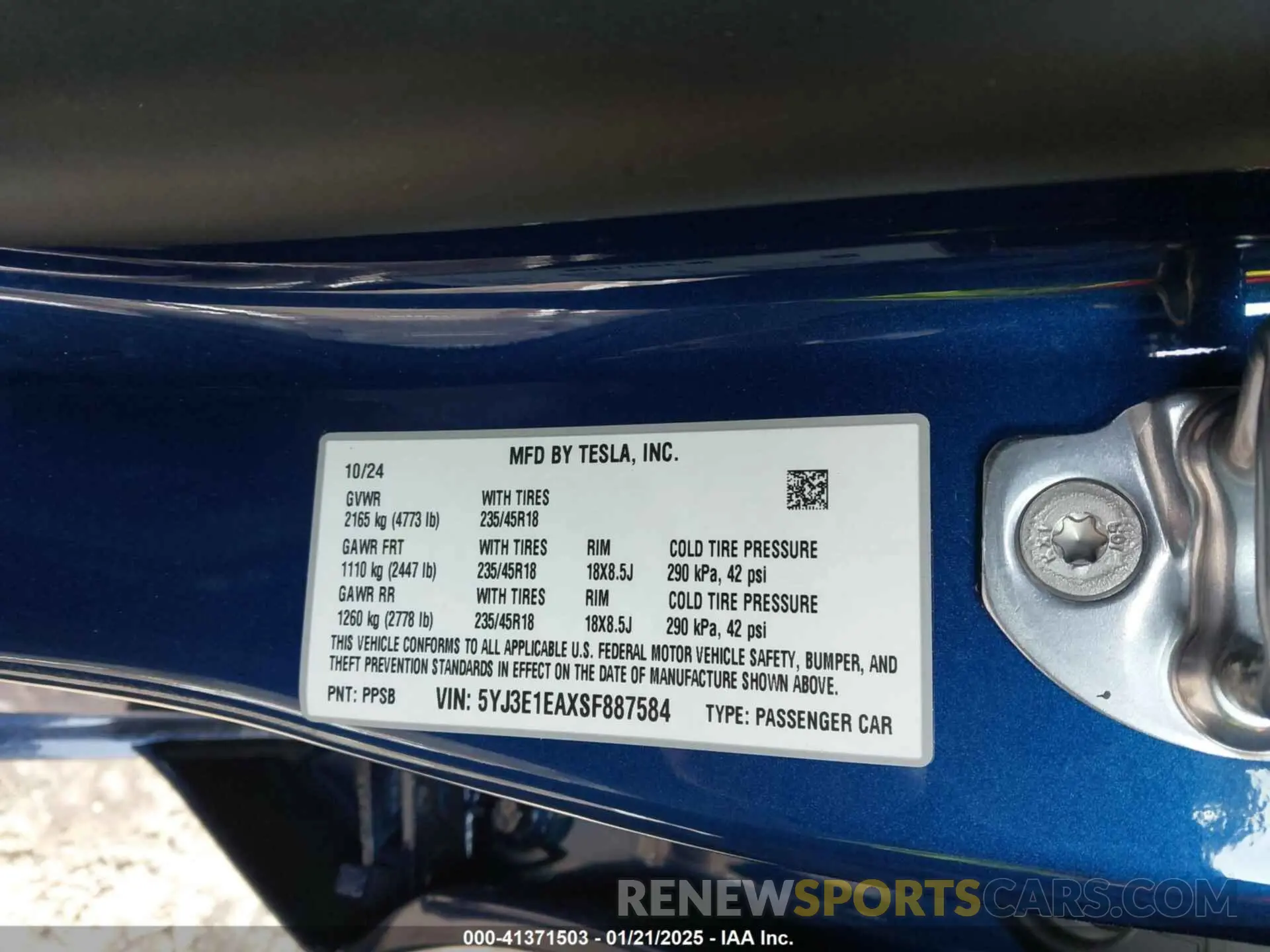 9 fotografías del automóvil dañado 5YJ3E1EAXSF887584 TESLA MODEL 3 2025