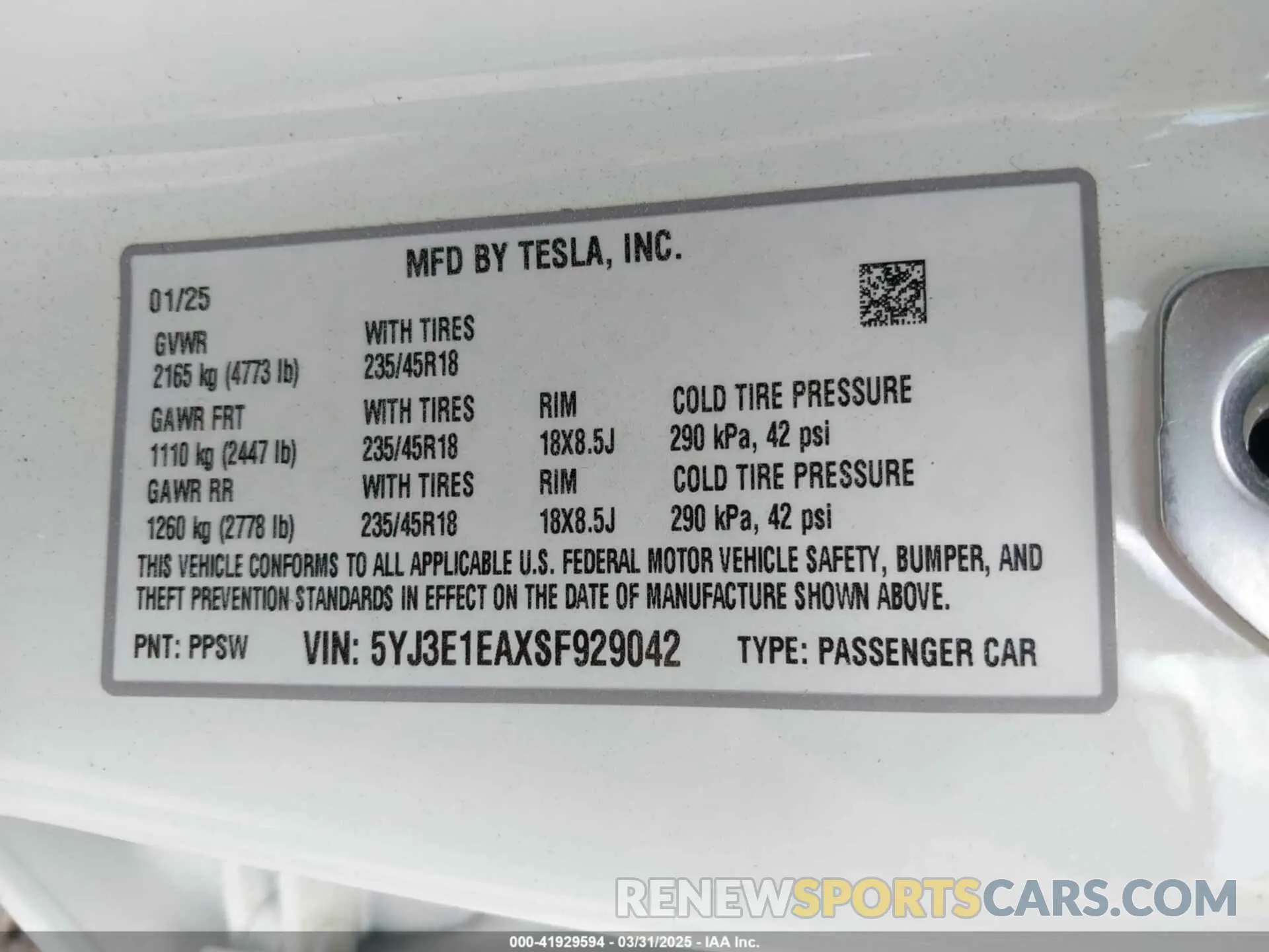 9 fotografías del automóvil dañado 5YJ3E1EAXSF929042 TESLA MODEL 3 2025