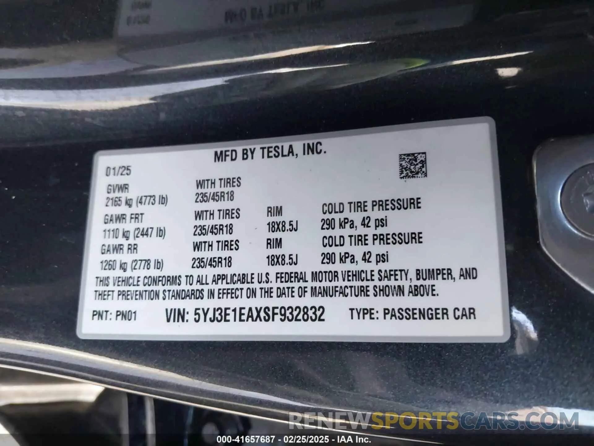 9 fotografías del automóvil dañado 5YJ3E1EAXSF932832 TESLA MODEL 3 2025