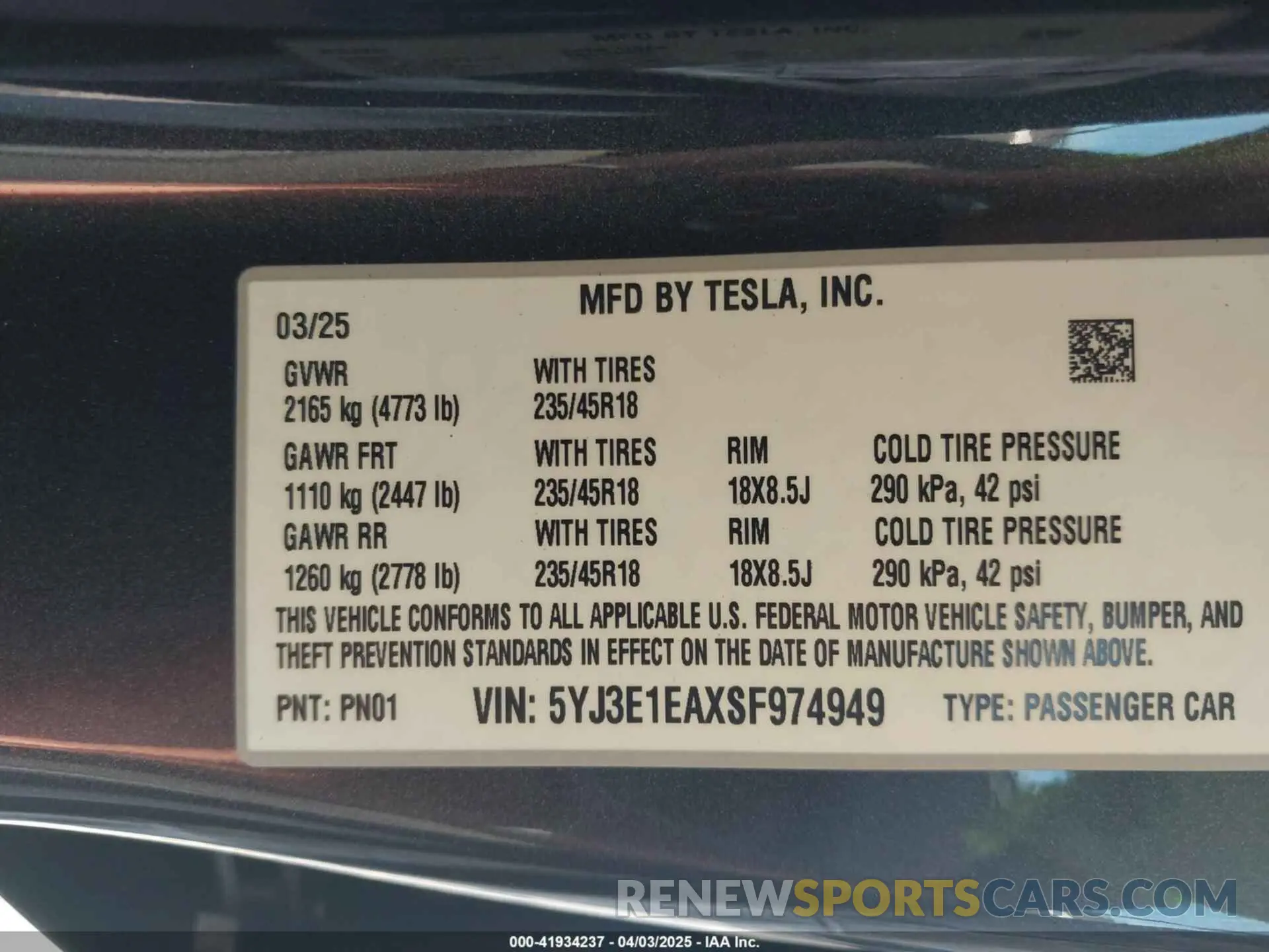 9 fotografías del automóvil dañado 5YJ3E1EAXSF974949 TESLA MODEL 3 2025