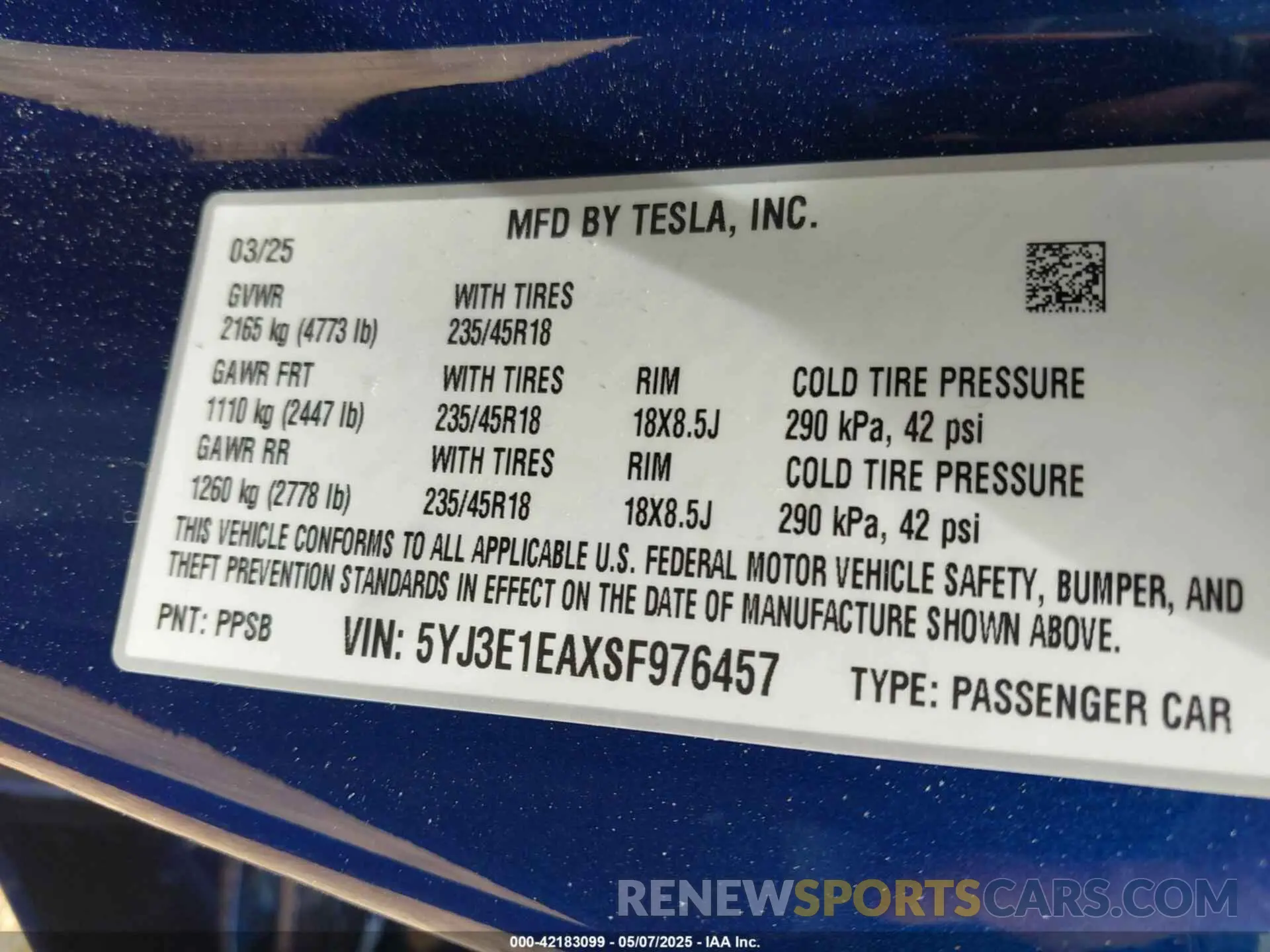 9 fotografías del automóvil dañado 5YJ3E1EAXSF976457 TESLA MODEL 3 2025
