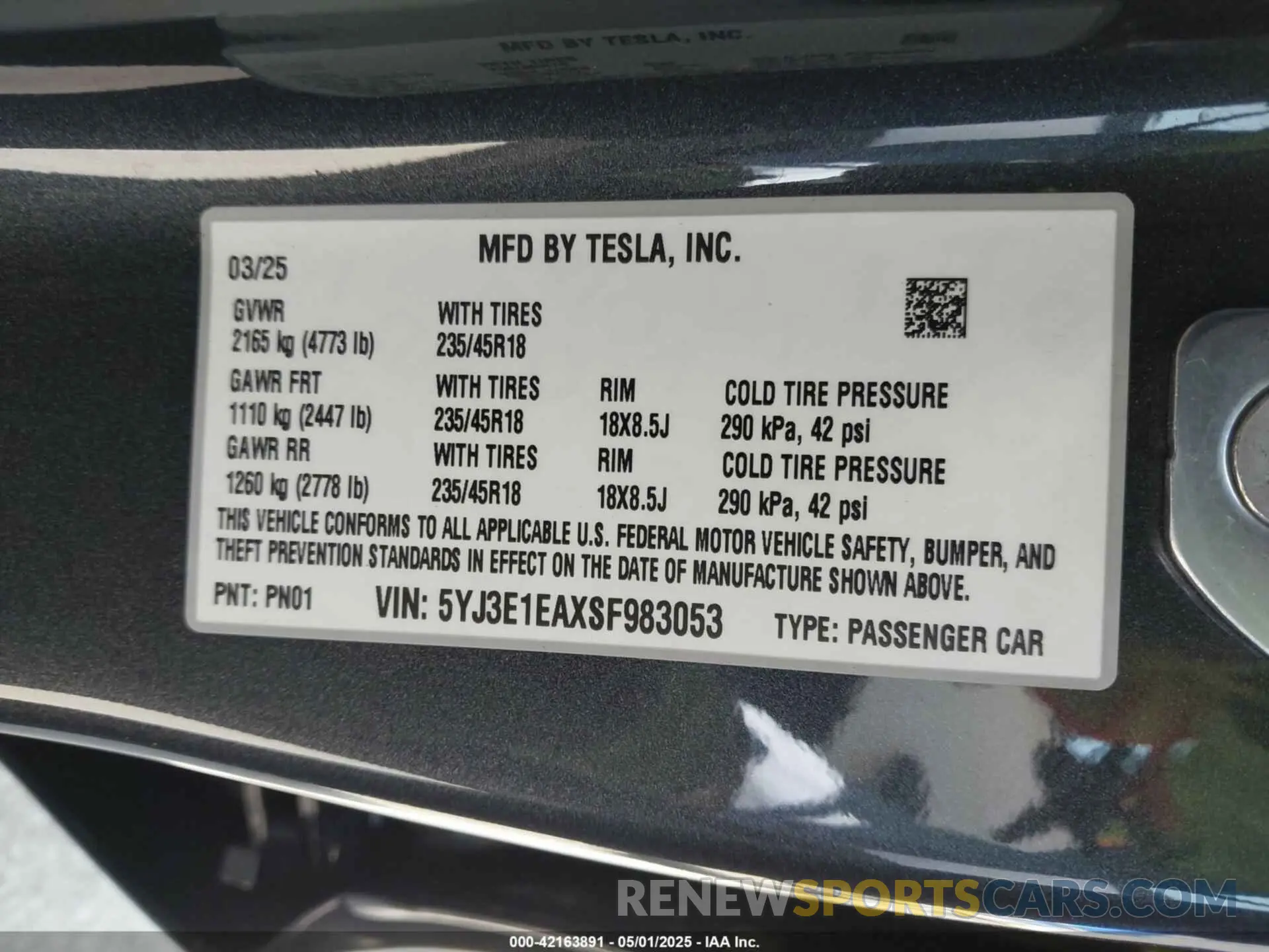 9 fotografías del automóvil dañado 5YJ3E1EAXSF983053 TESLA MODEL 3 2025