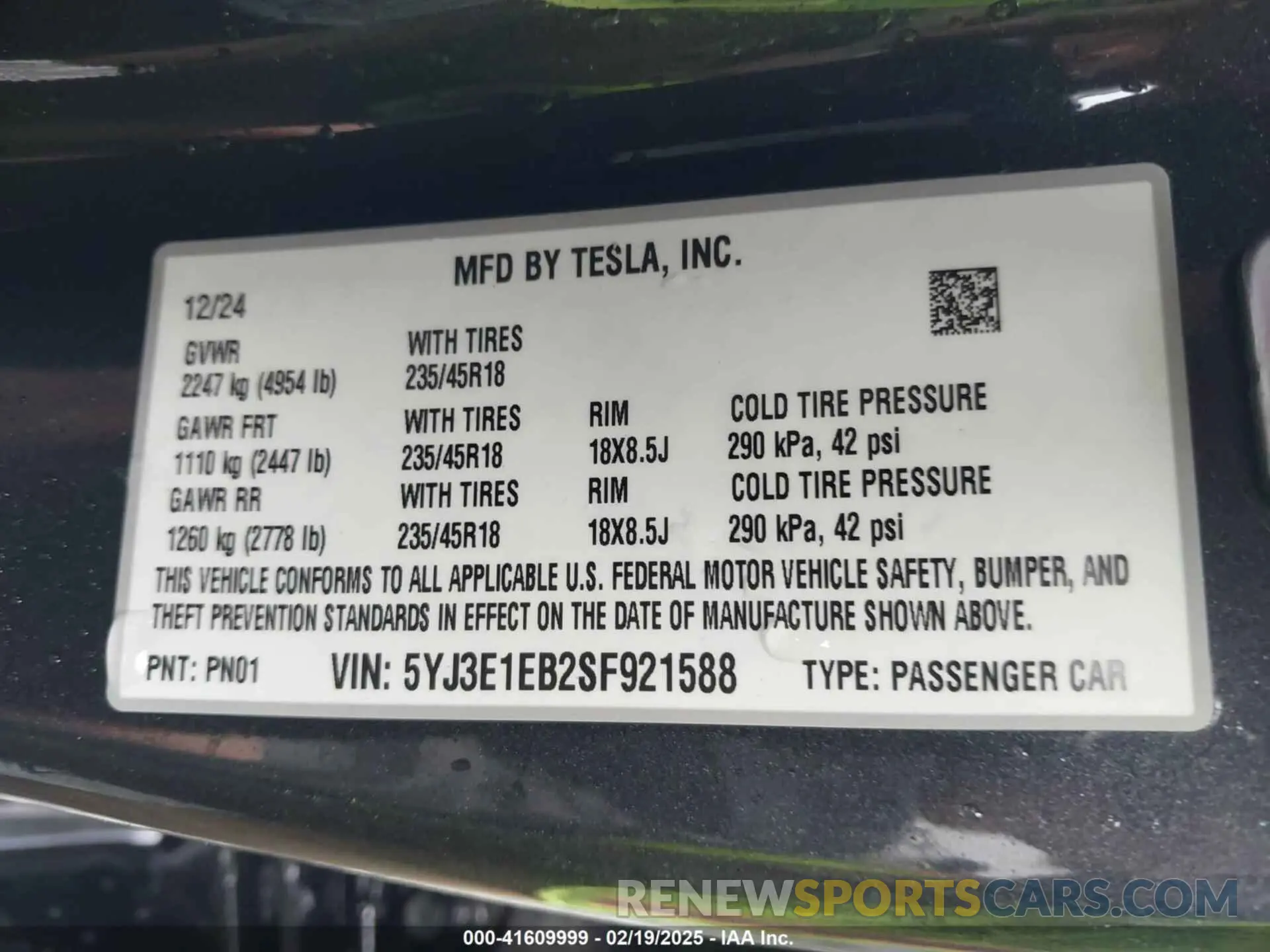 9 fotografías del automóvil dañado 5YJ3E1EB2SF921588 TESLA MODEL 3 2025