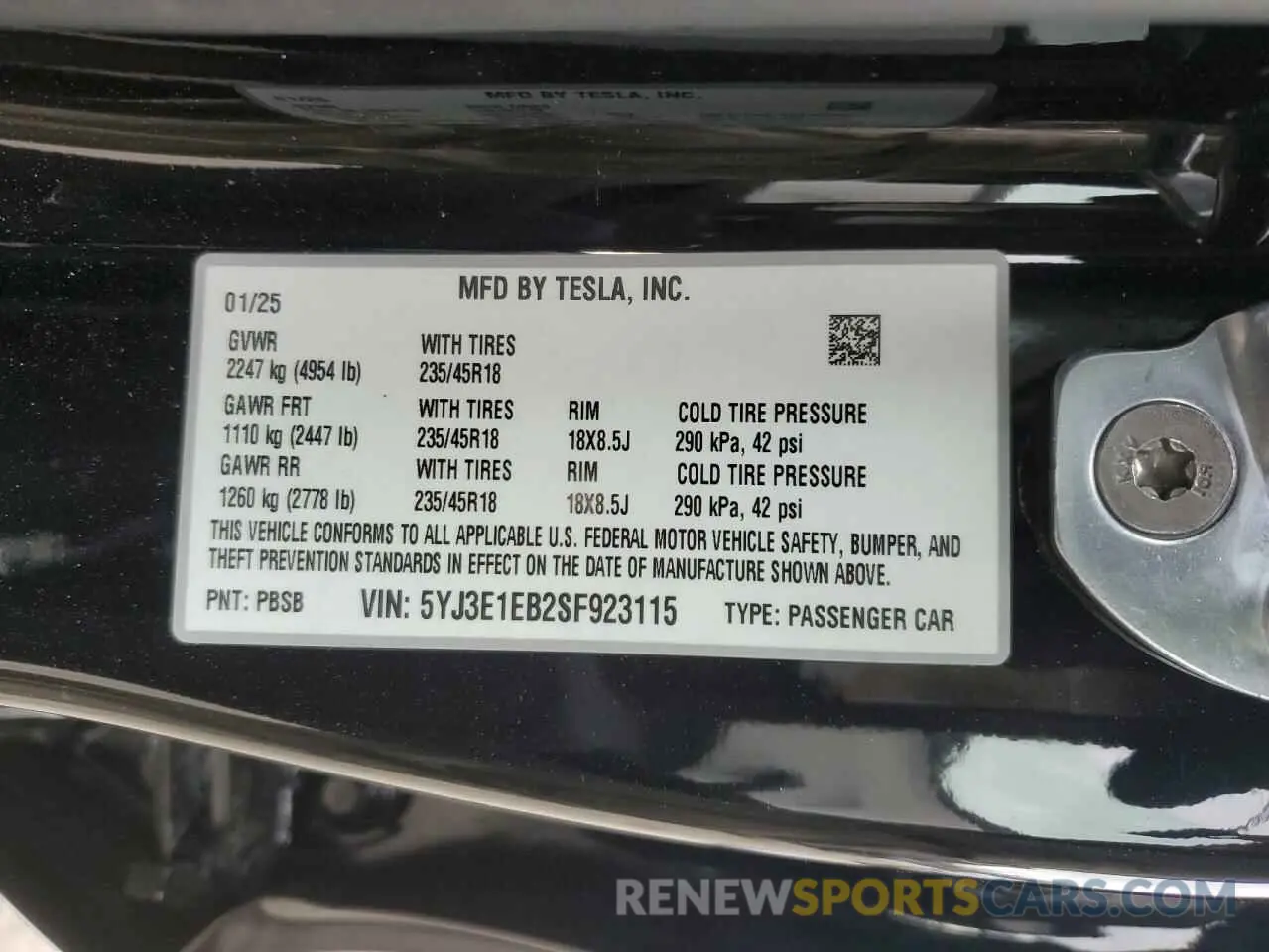 13 fotografías del automóvil dañado 5YJ3E1EB2SF923115 TESLA MODEL 3 2025