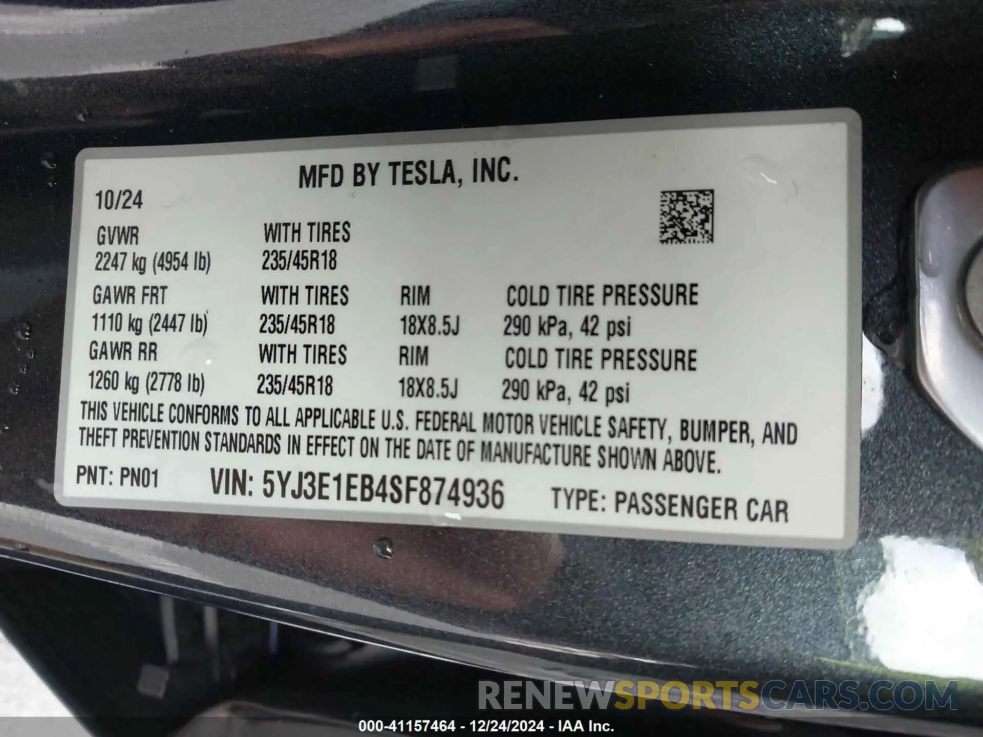 9 fotografías del automóvil dañado 5YJ3E1EB4SF874936 TESLA MODEL 3 2025