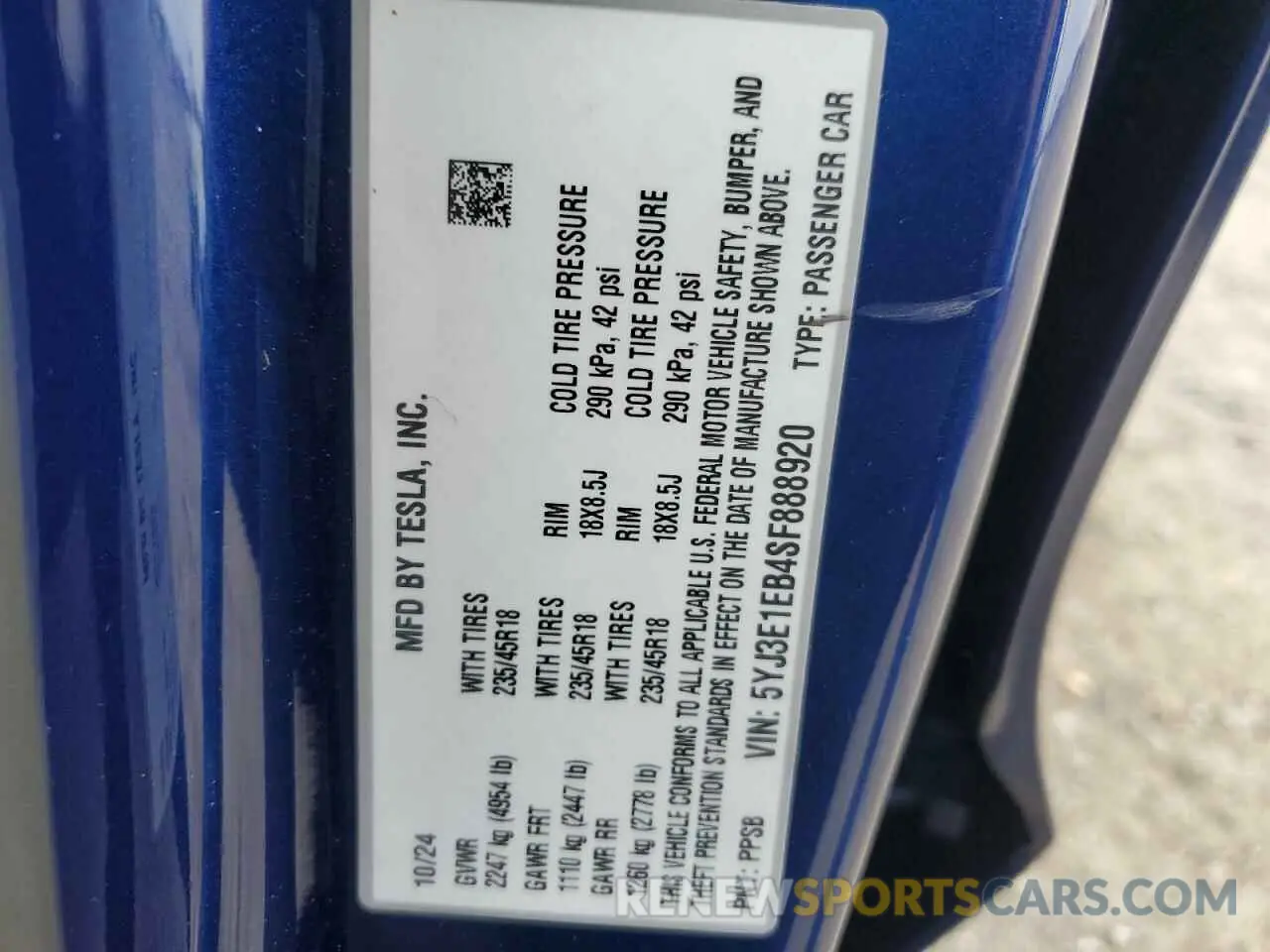 12 fotografías del automóvil dañado 5YJ3E1EB4SF888920 TESLA MODEL 3 2025