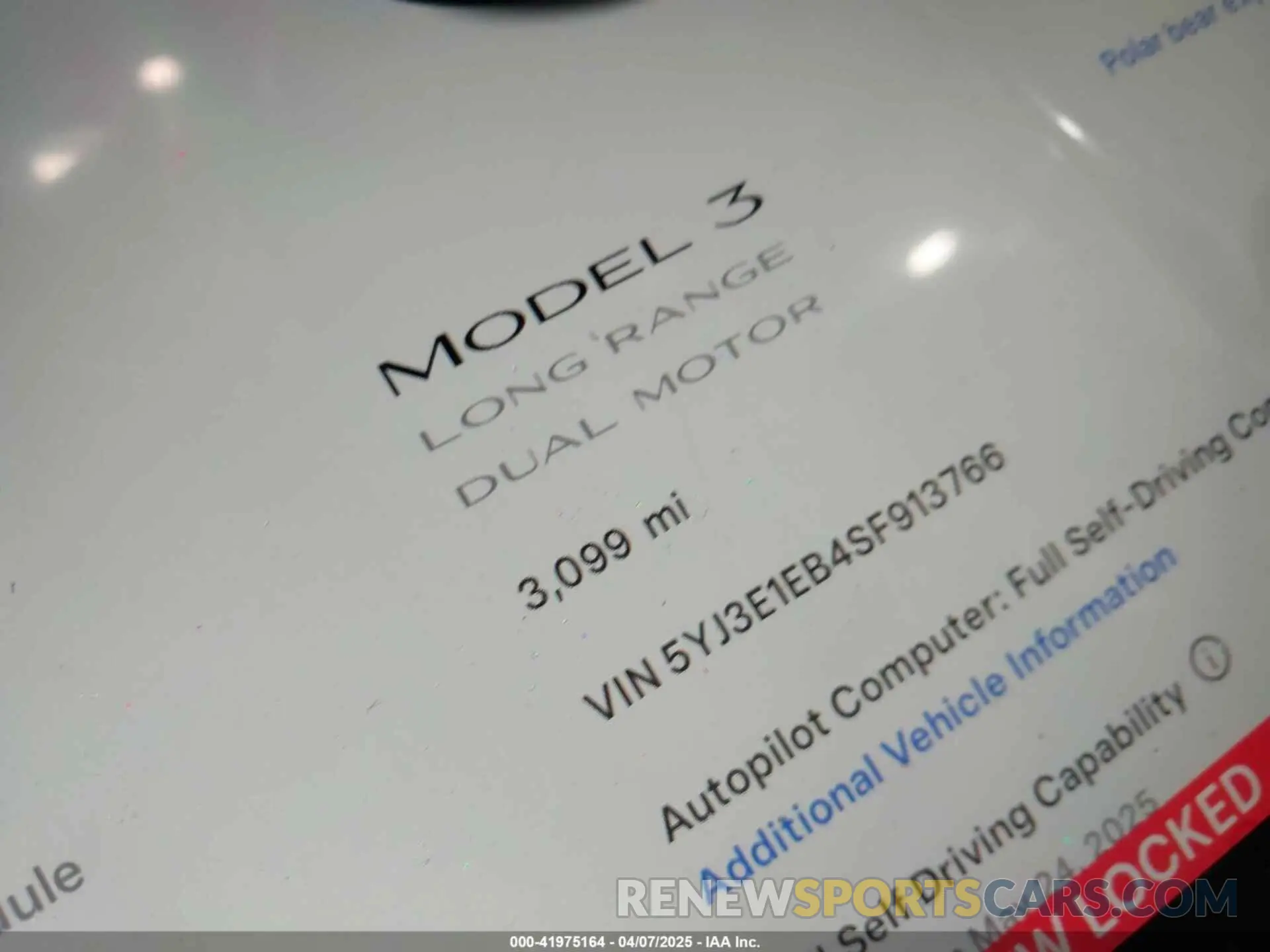 14 fotografías del automóvil dañado 5YJ3E1EB4SF913766 TESLA MODEL 3 2025