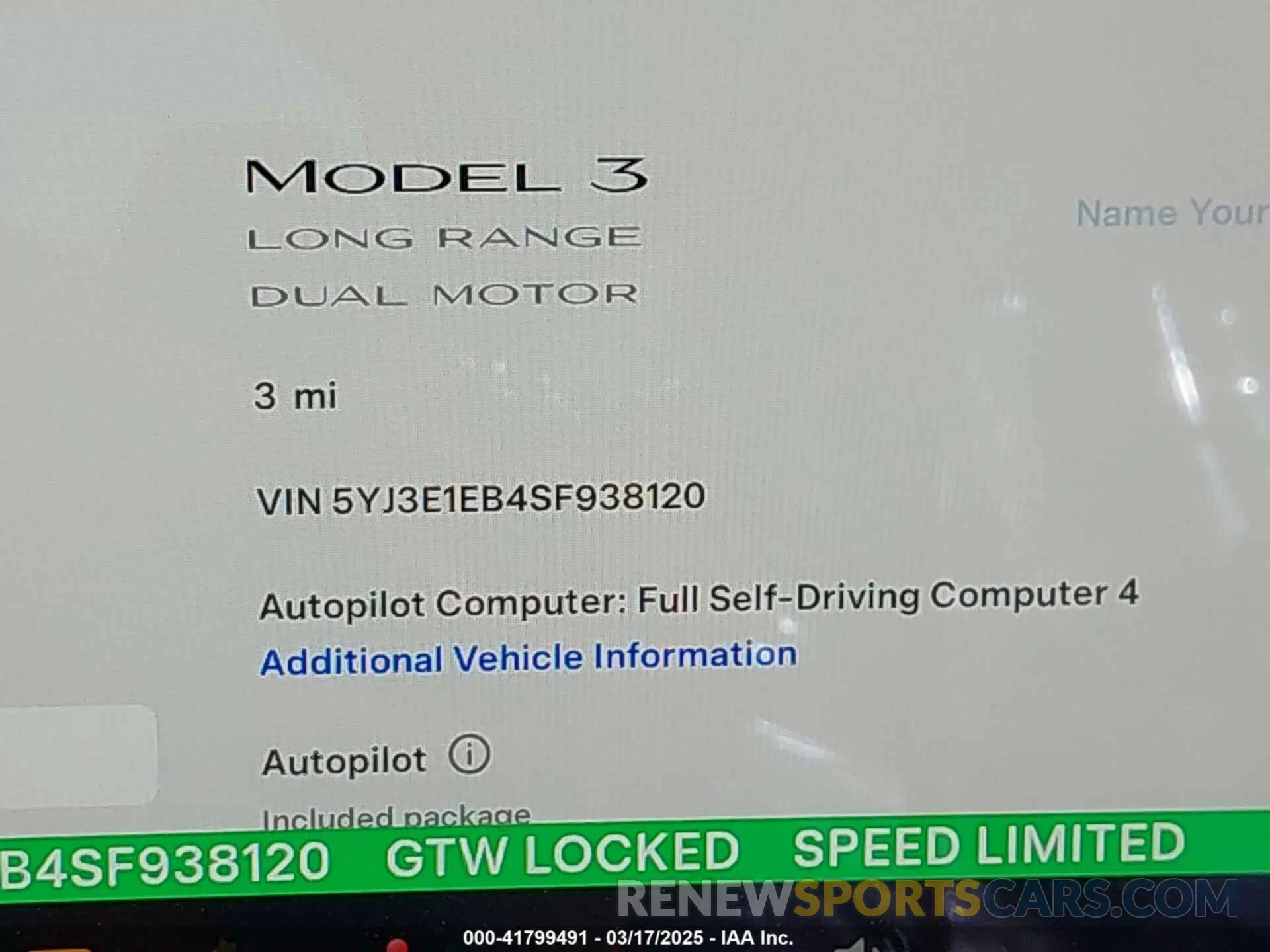 14 fotografías del automóvil dañado 5YJ3E1EB4SF938120 TESLA MODEL 3 2025