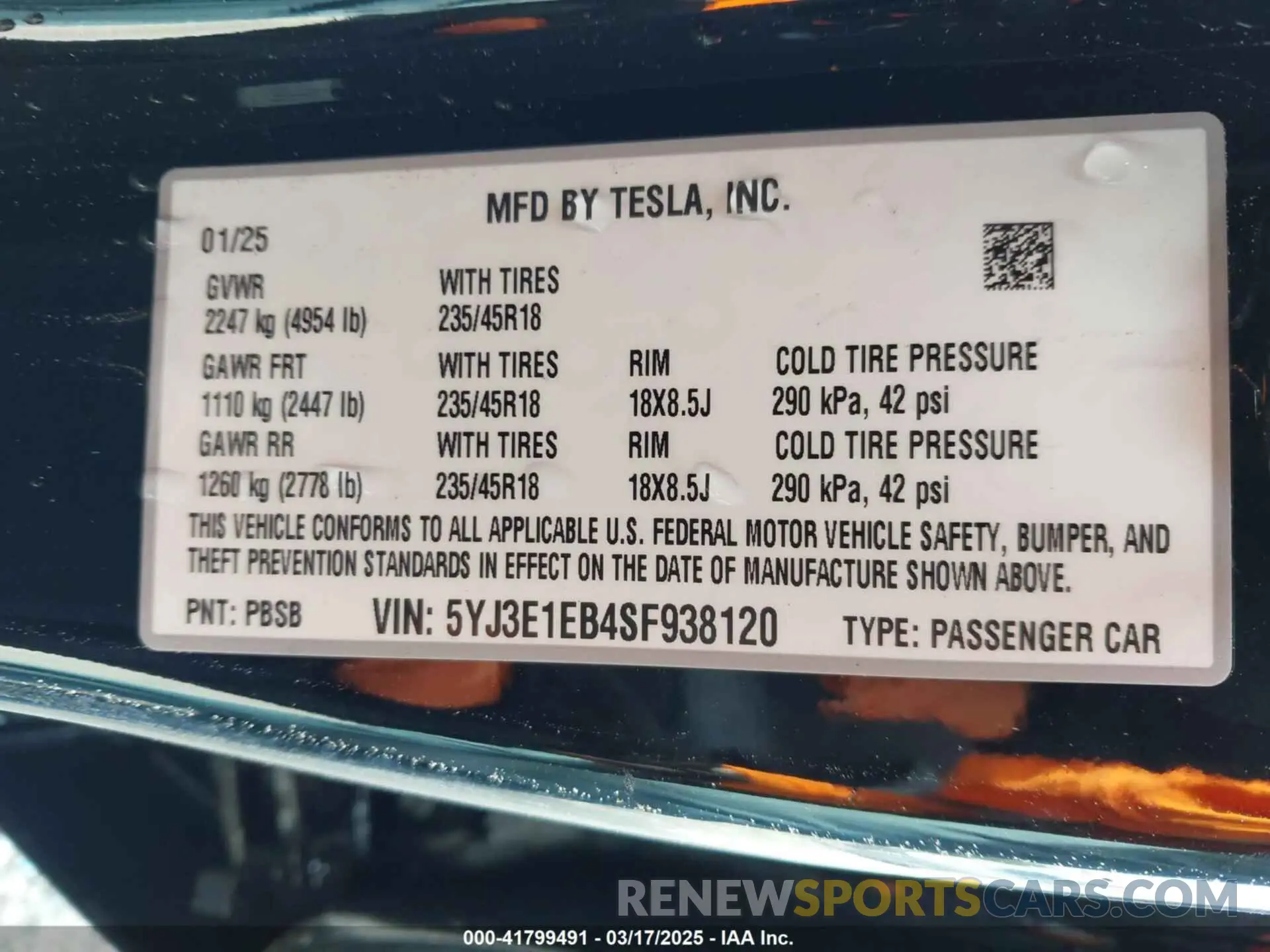 9 fotografías del automóvil dañado 5YJ3E1EB4SF938120 TESLA MODEL 3 2025