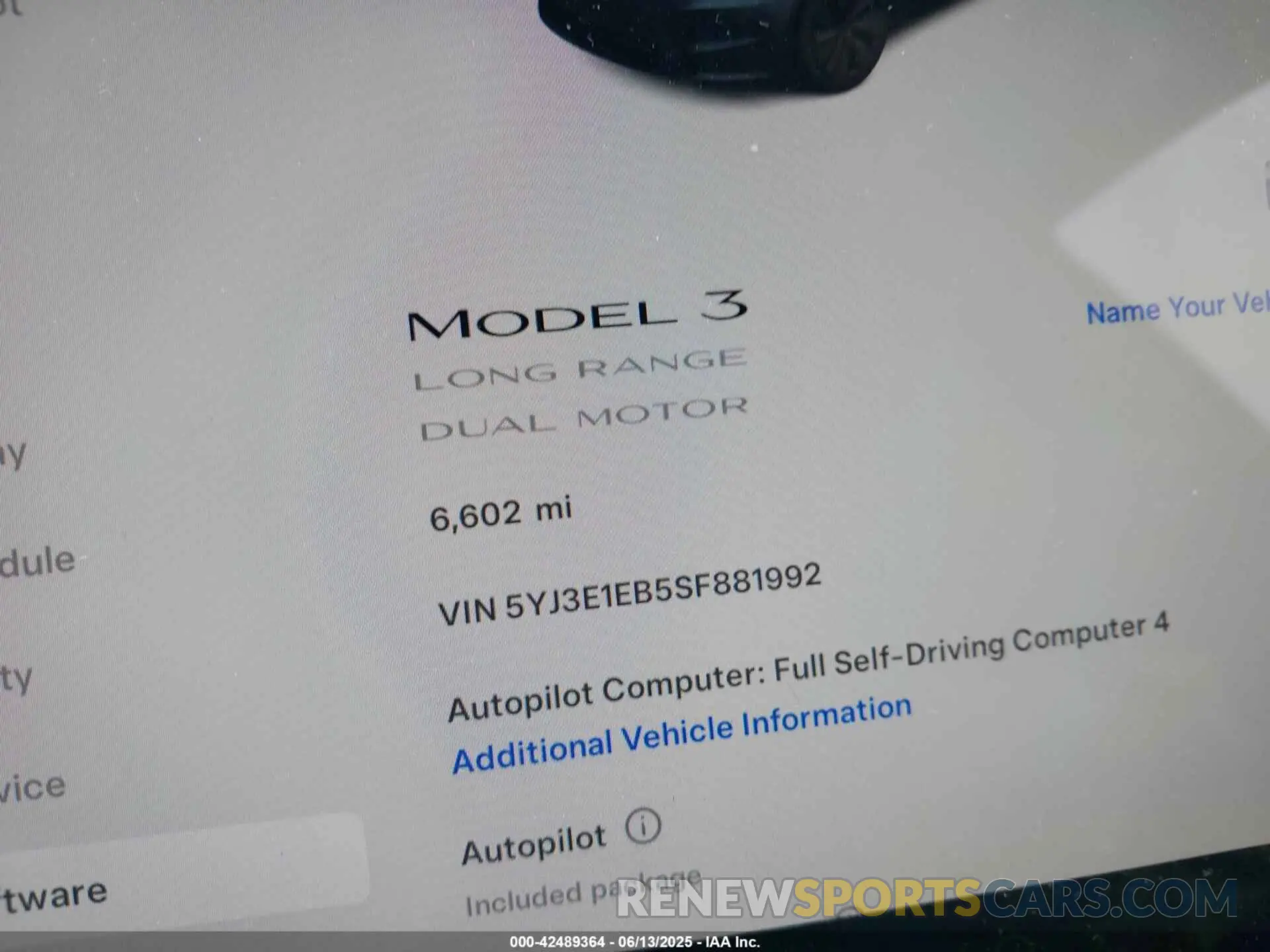 15 fotografías del automóvil dañado 5YJ3E1EB5SF881992 TESLA MODEL 3 2025