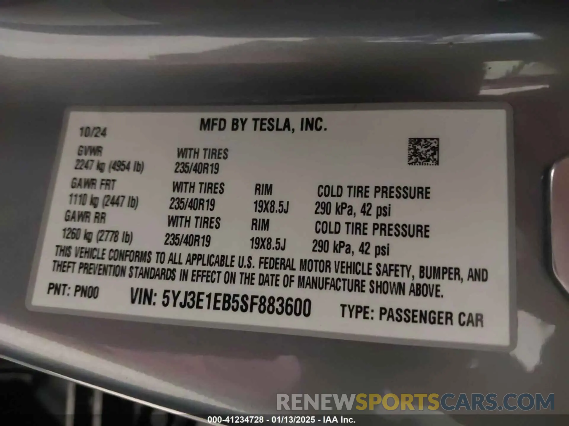 9 fotografías del automóvil dañado 5YJ3E1EB5SF883600 TESLA MODEL 3 2025