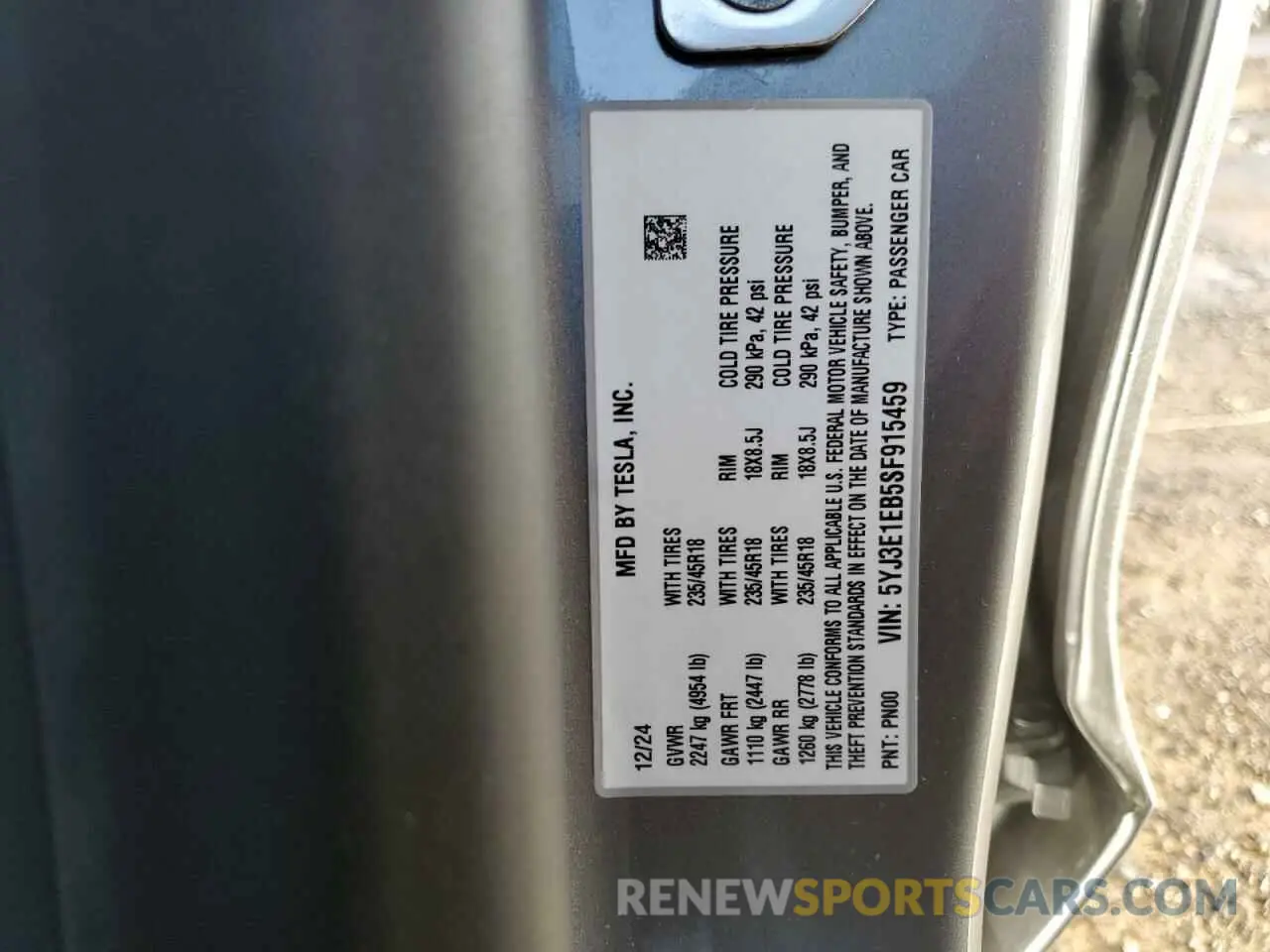 15 fotografías del automóvil dañado 5YJ3E1EB5SF915459 TESLA MODEL 3 2025