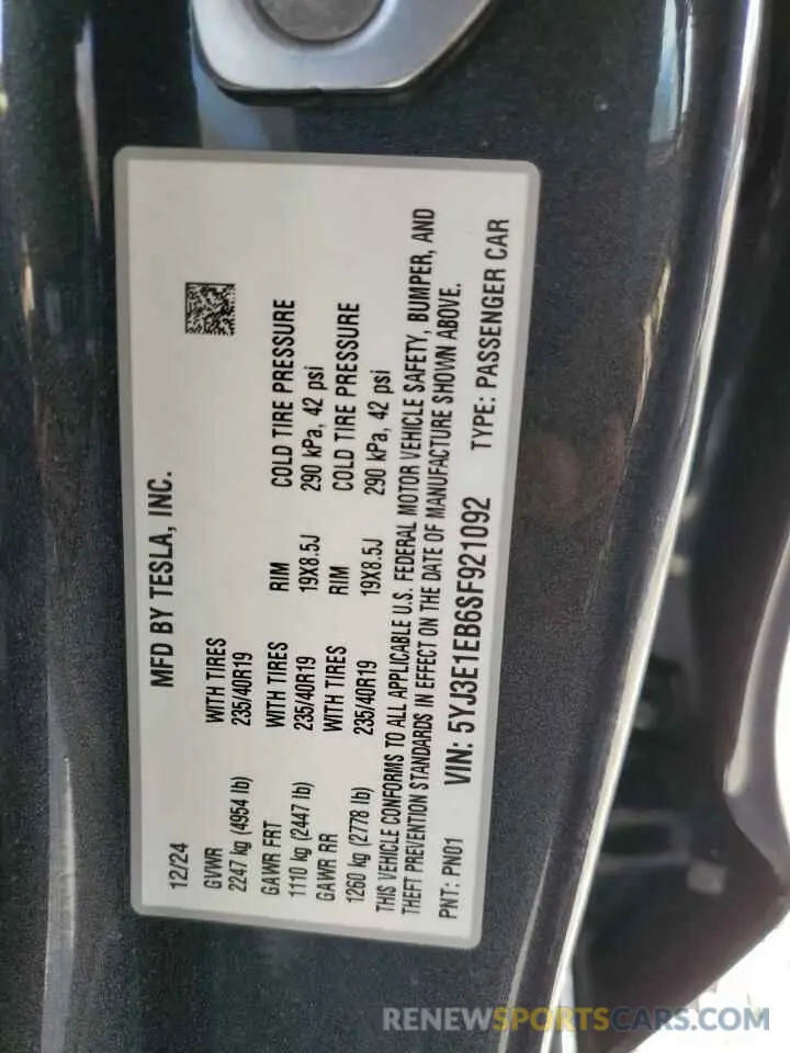 12 fotografías del automóvil dañado 5YJ3E1EB6SF921092 TESLA MODEL 3 2025