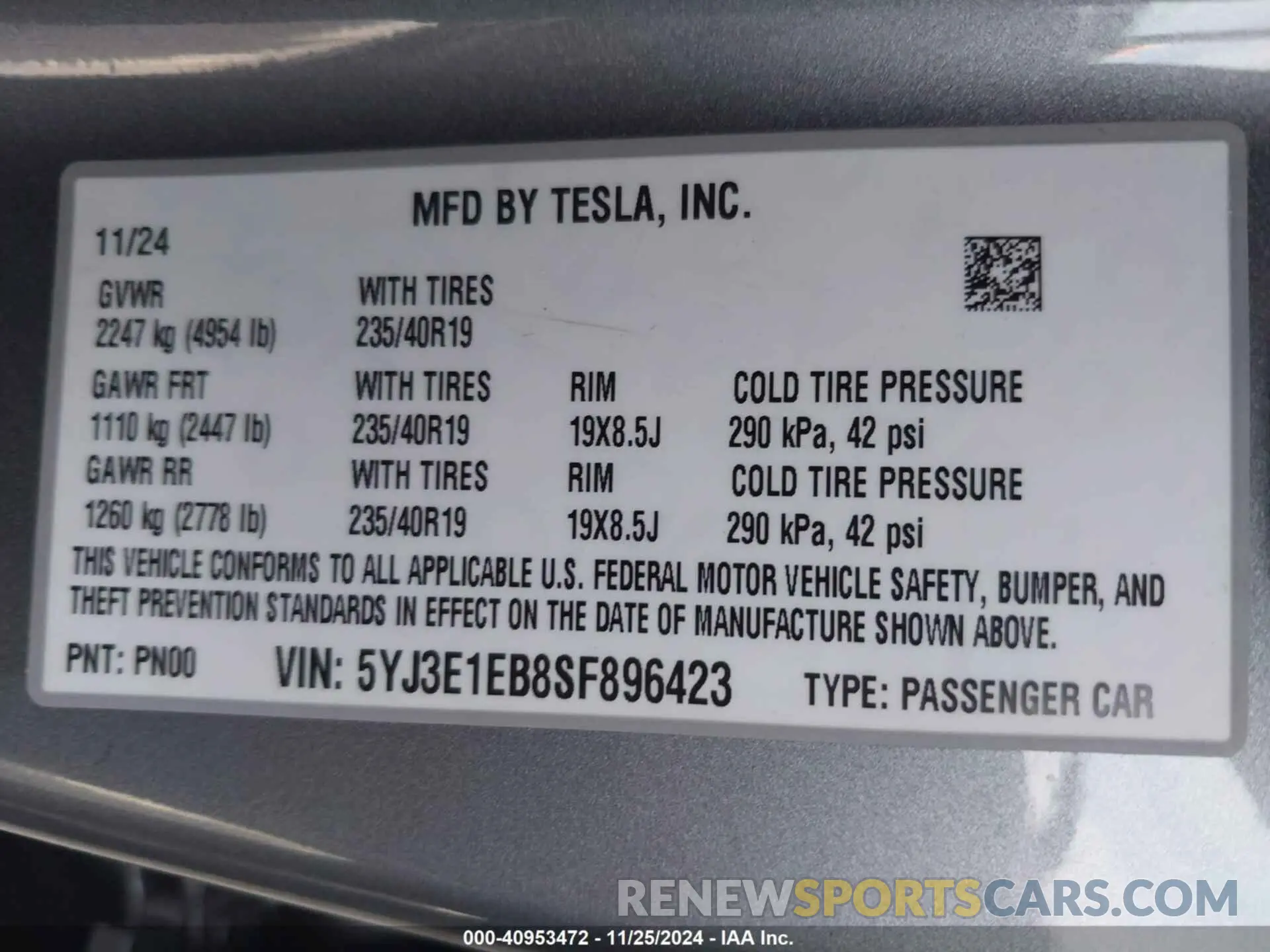 9 fotografías del automóvil dañado 5YJ3E1EB8SF896423 TESLA MODEL 3 2025