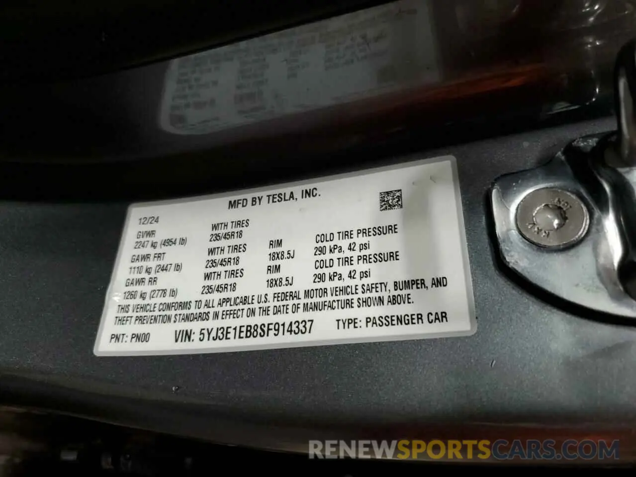 12 fotografías del automóvil dañado 5YJ3E1EB8SF914337 TESLA MODEL 3 2025