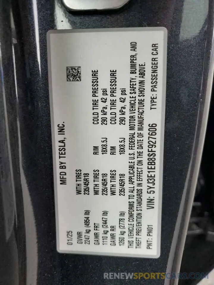 15 fotografías del automóvil dañado 5YJ3E1EB8SF927606 TESLA MODEL 3 2025