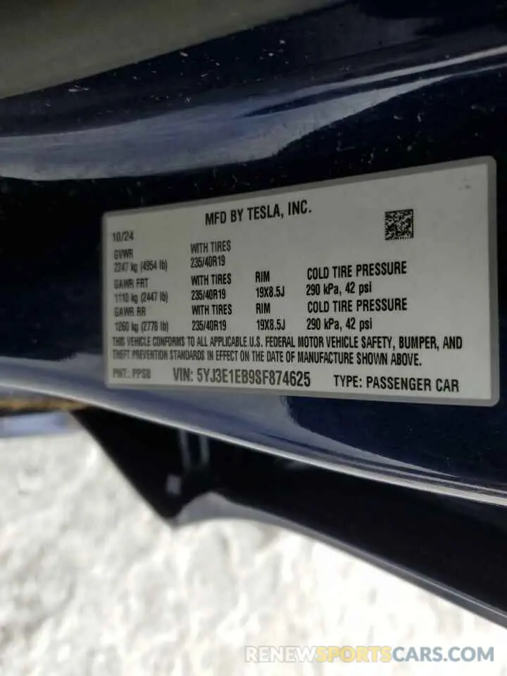 13 fotografías del automóvil dañado 5YJ3E1EB9SF874625 TESLA MODEL 3 2025