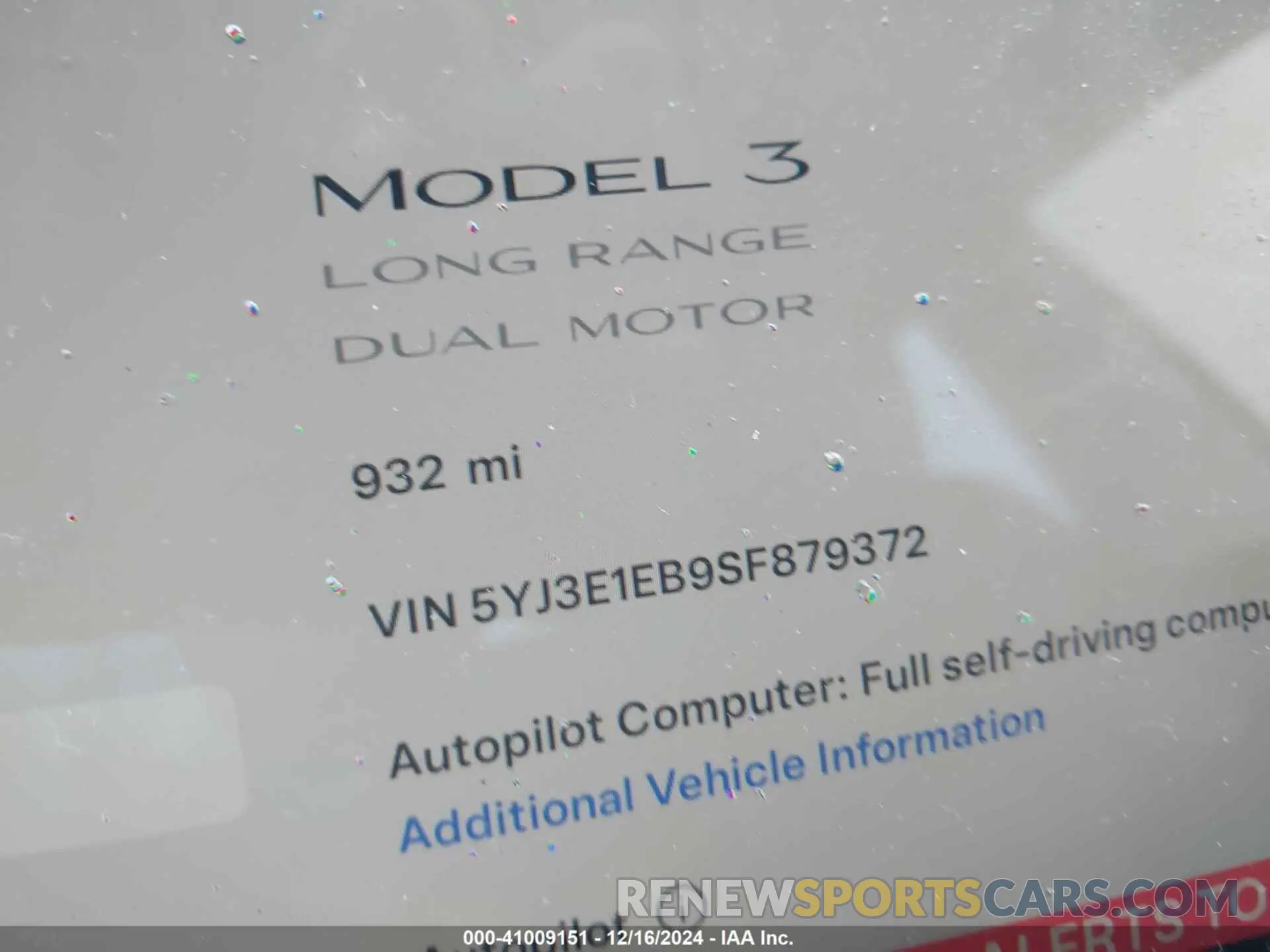 14 fotografías del automóvil dañado 5YJ3E1EB9SF879372 TESLA MODEL 3 2025