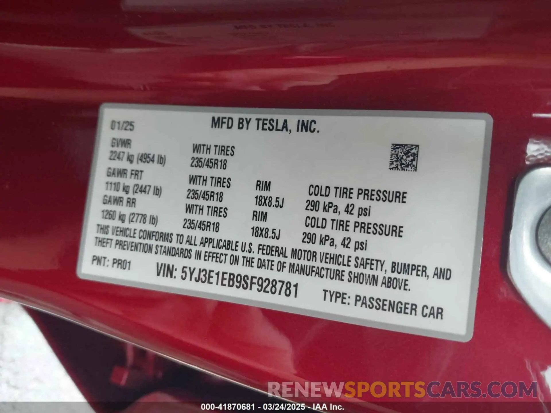 9 fotografías del automóvil dañado 5YJ3E1EB9SF928781 TESLA MODEL 3 2025