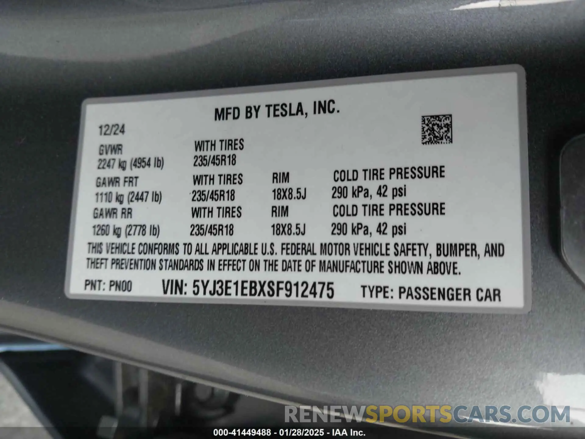9 fotografías del automóvil dañado 5YJ3E1EBXSF912475 TESLA MODEL 3 2025