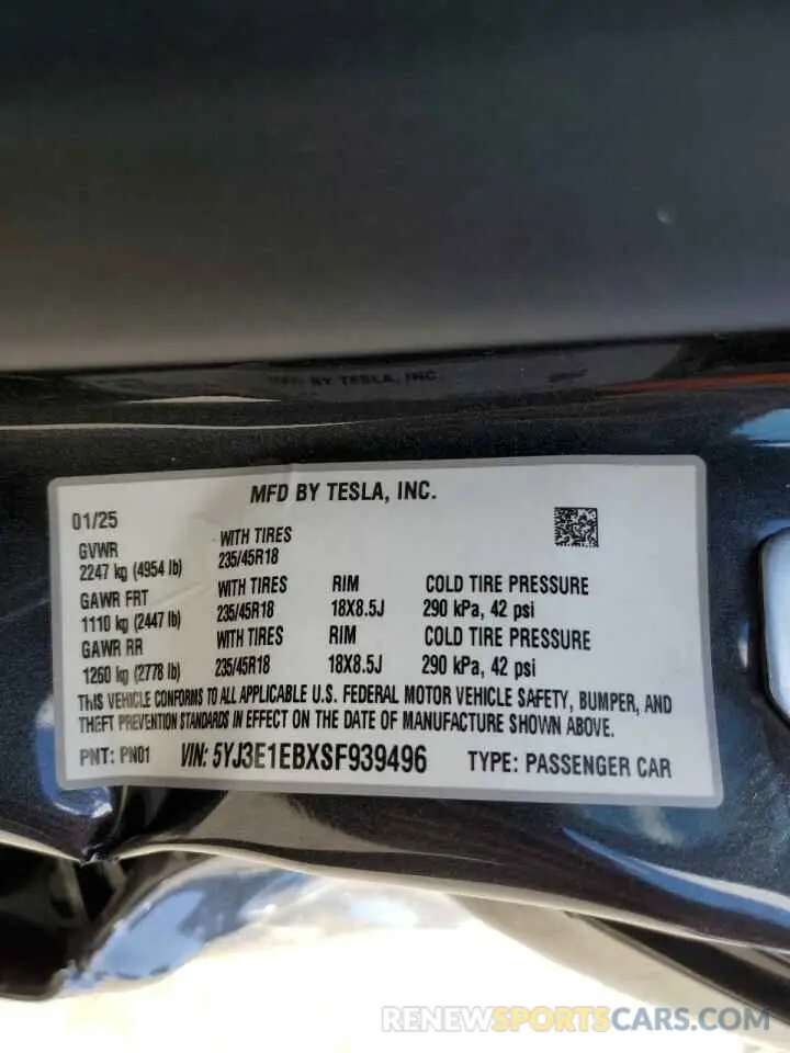 14 fotografías del automóvil dañado 5YJ3E1EBXSF939496 TESLA MODEL 3 2025