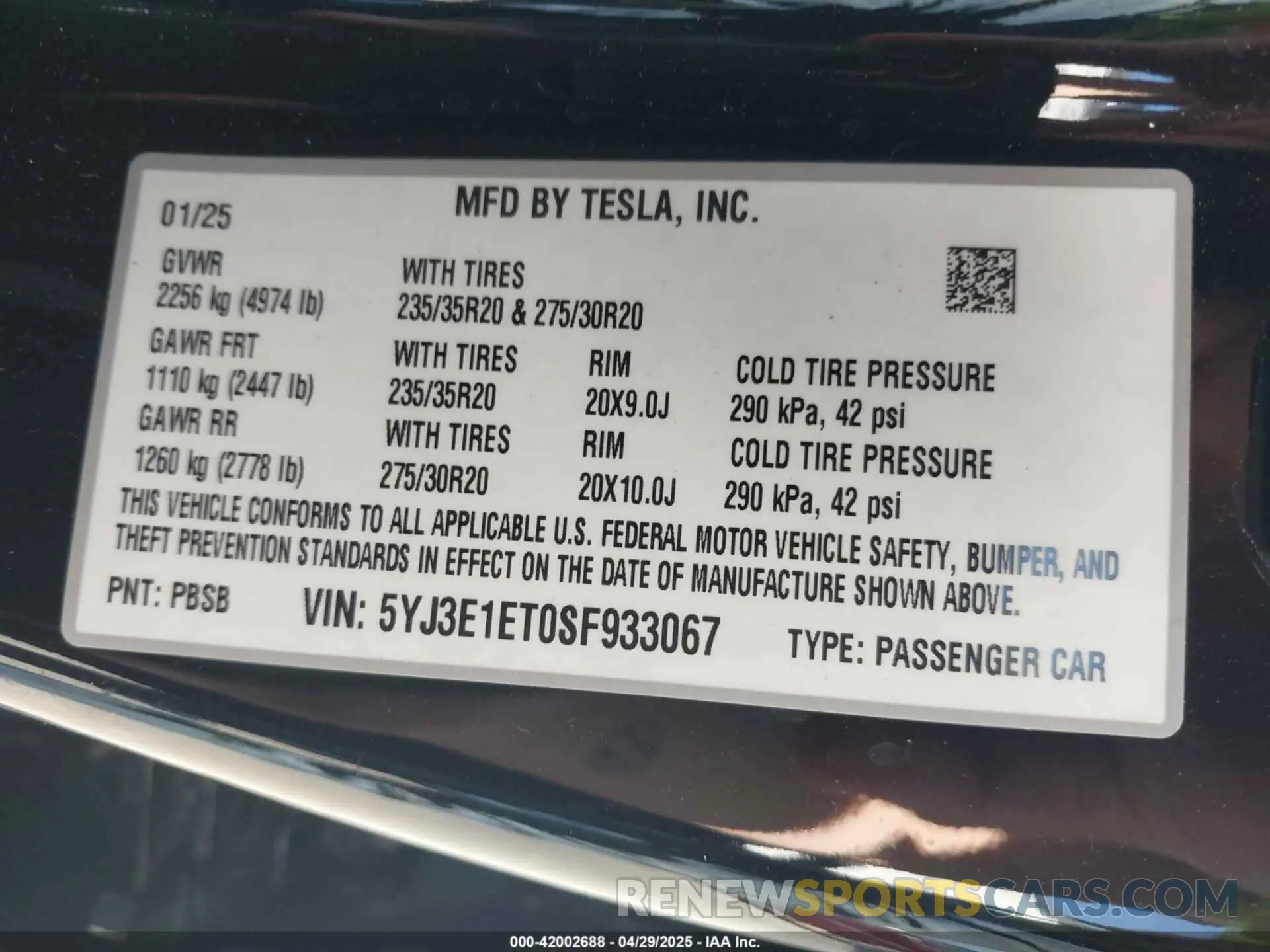 18 fotografías del automóvil dañado 5YJ3E1ET0SF933067 TESLA MODEL 3 2025