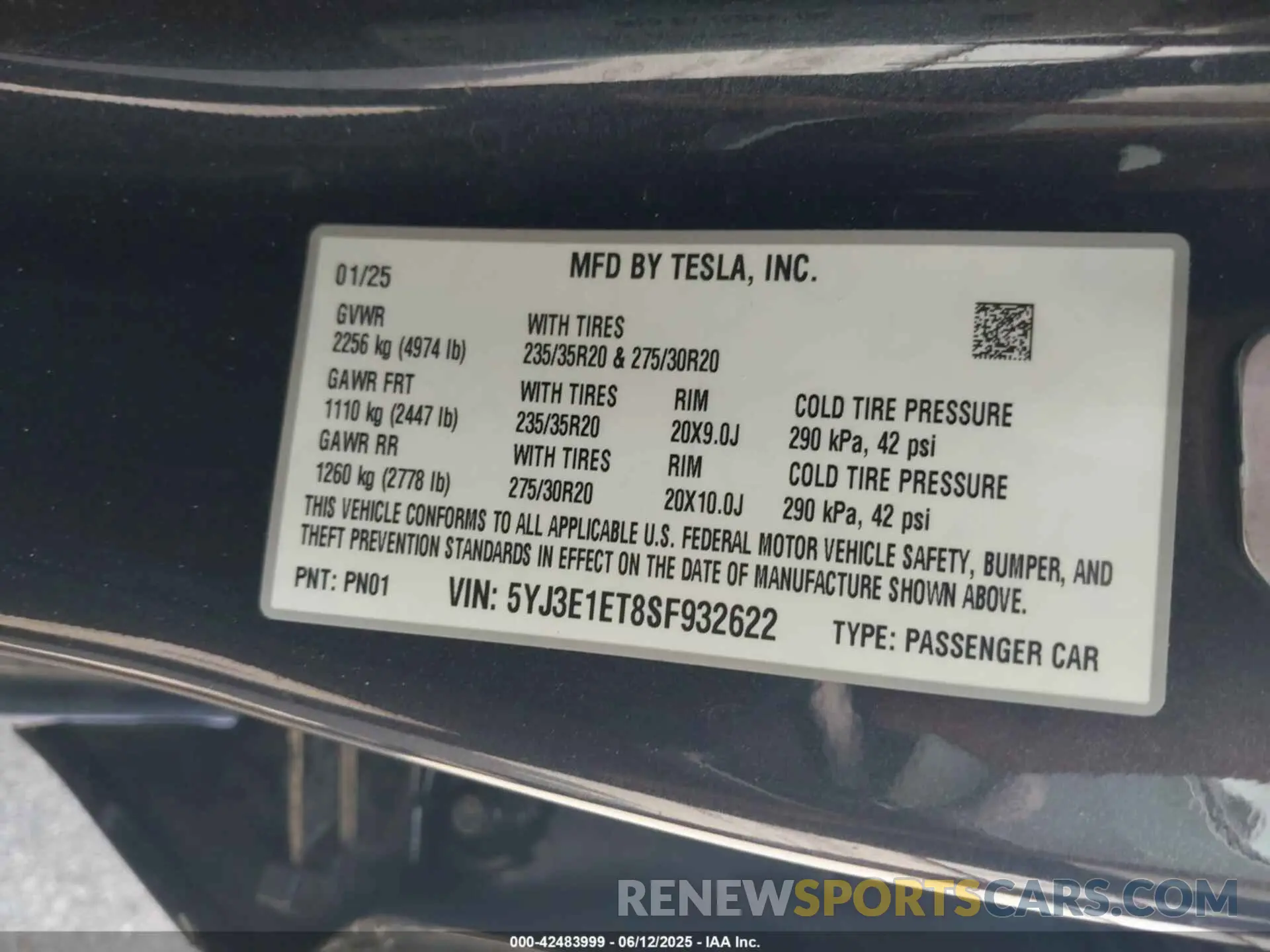 9 fotografías del automóvil dañado 5YJ3E1ET8SF932622 TESLA MODEL 3 2025