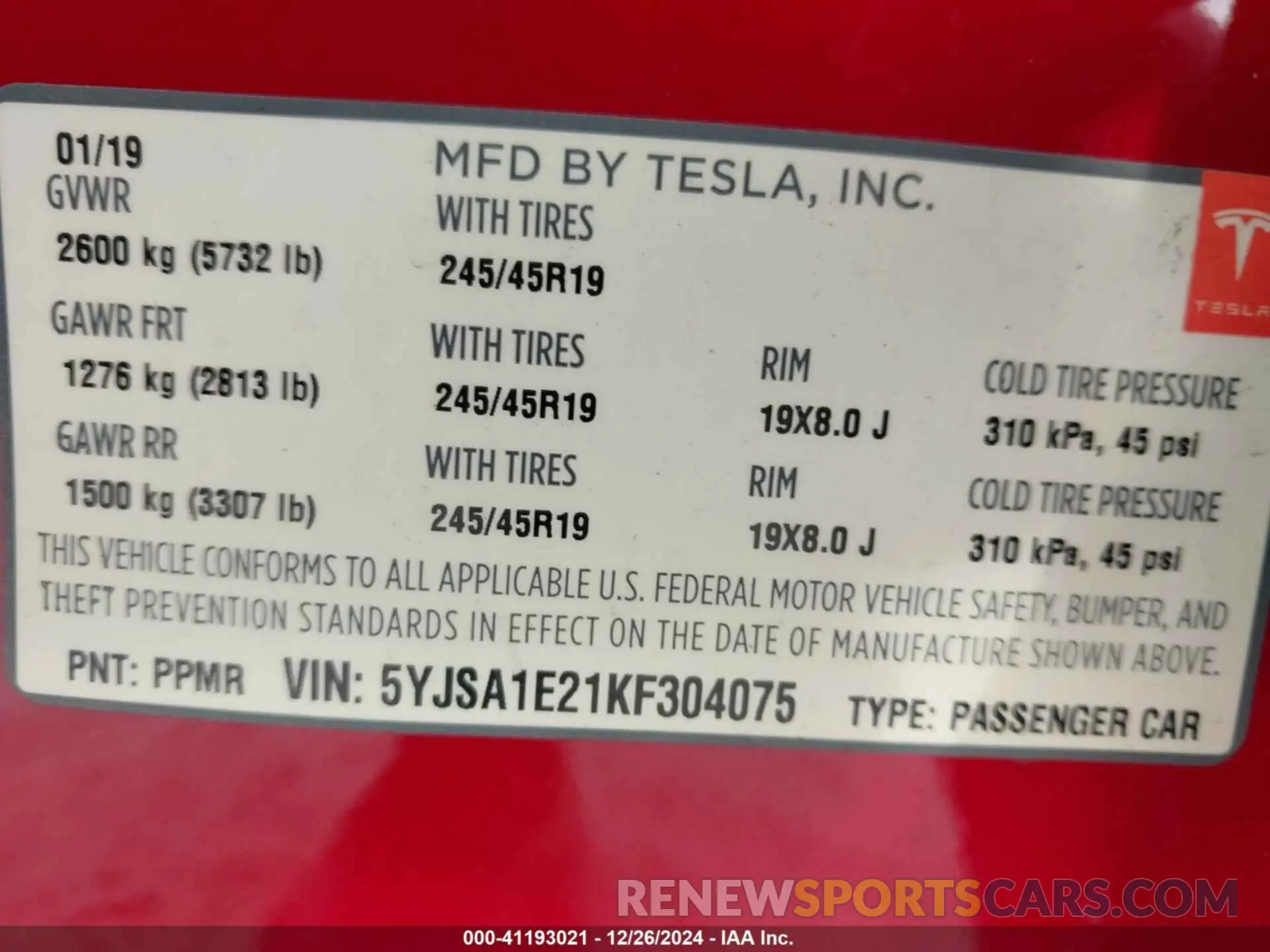9 fotografías del automóvil dañado 5YJSA1E21KF304075 TESLA MODEL S 2019