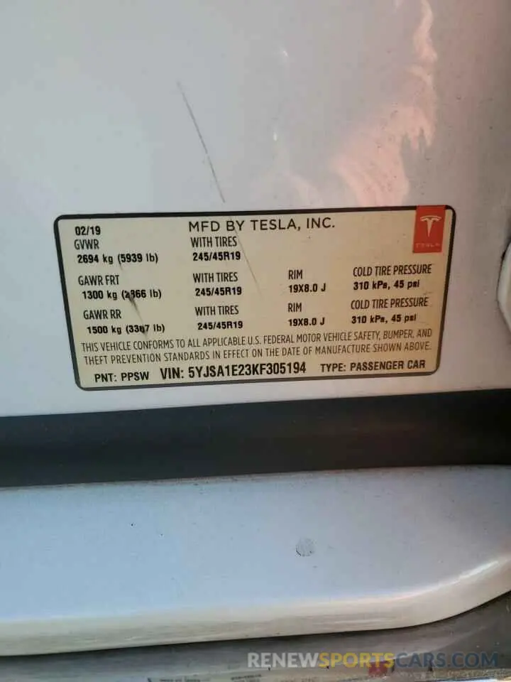 12 fotografías del automóvil dañado 5YJSA1E23KF305194 TESLA MODEL S 2019