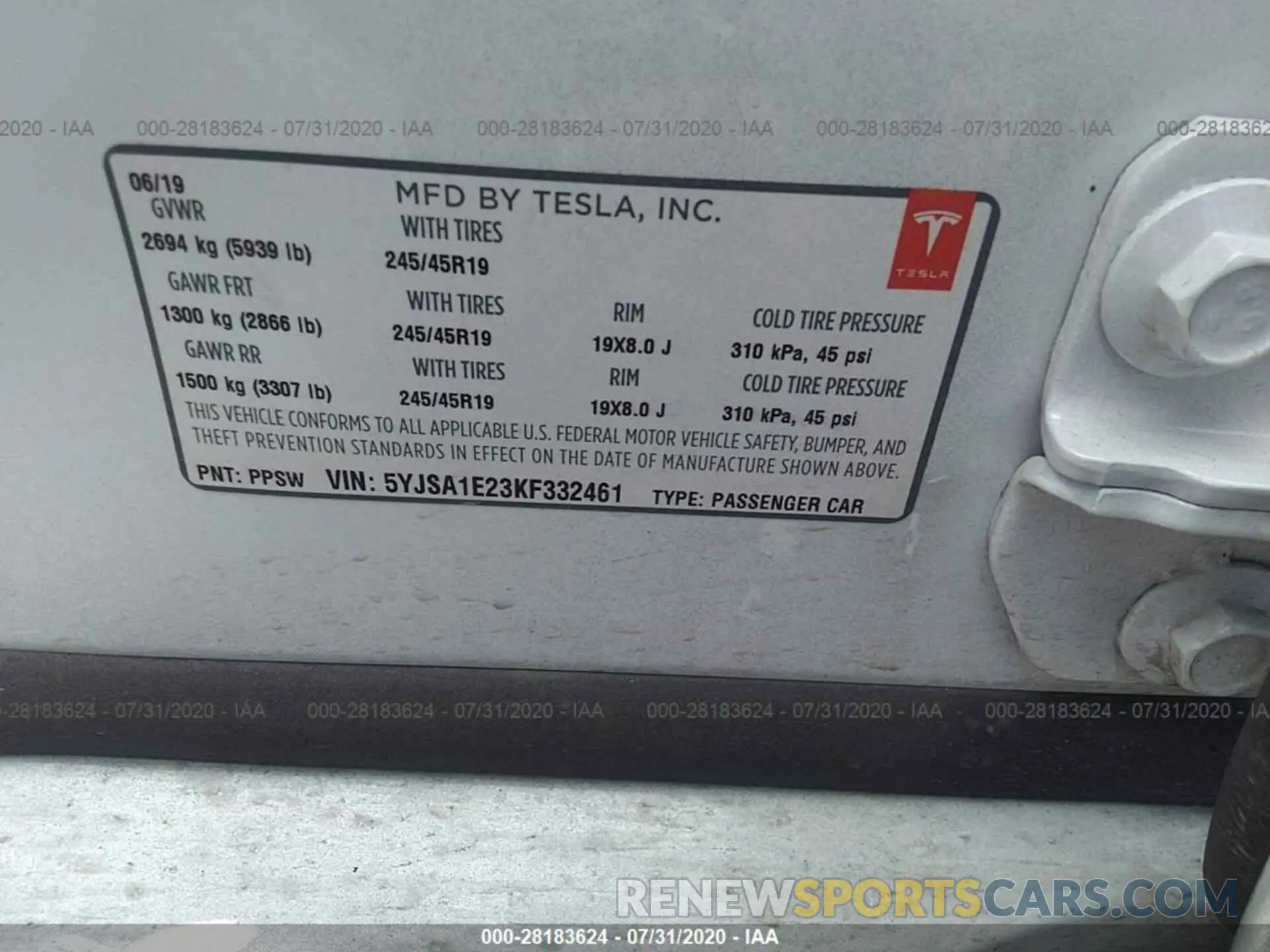 9 fotografías del automóvil dañado 5YJSA1E23KF332461 TESLA MODEL S 2019