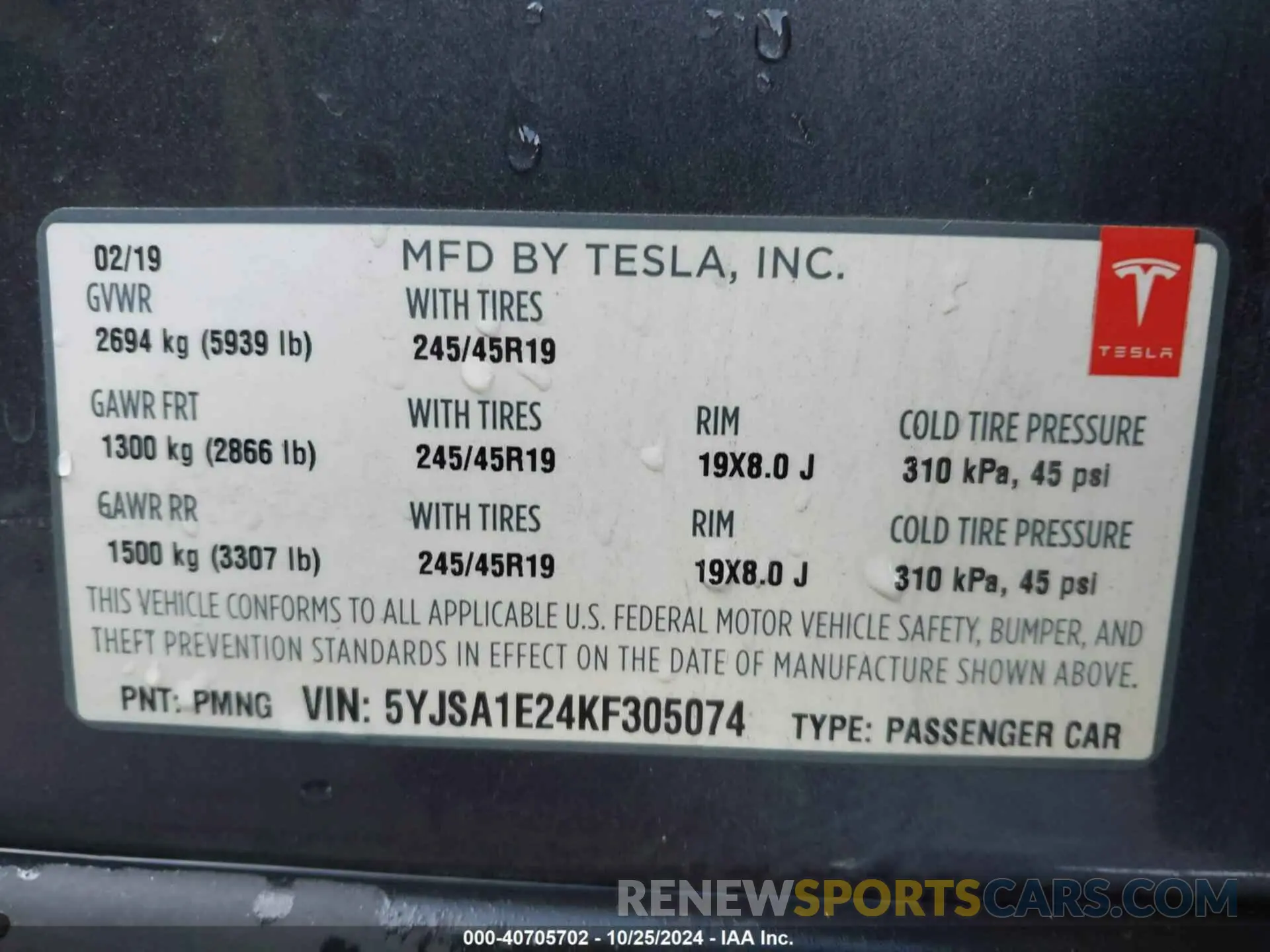 9 fotografías del automóvil dañado 5YJSA1E24KF305074 TESLA MODEL S 2019