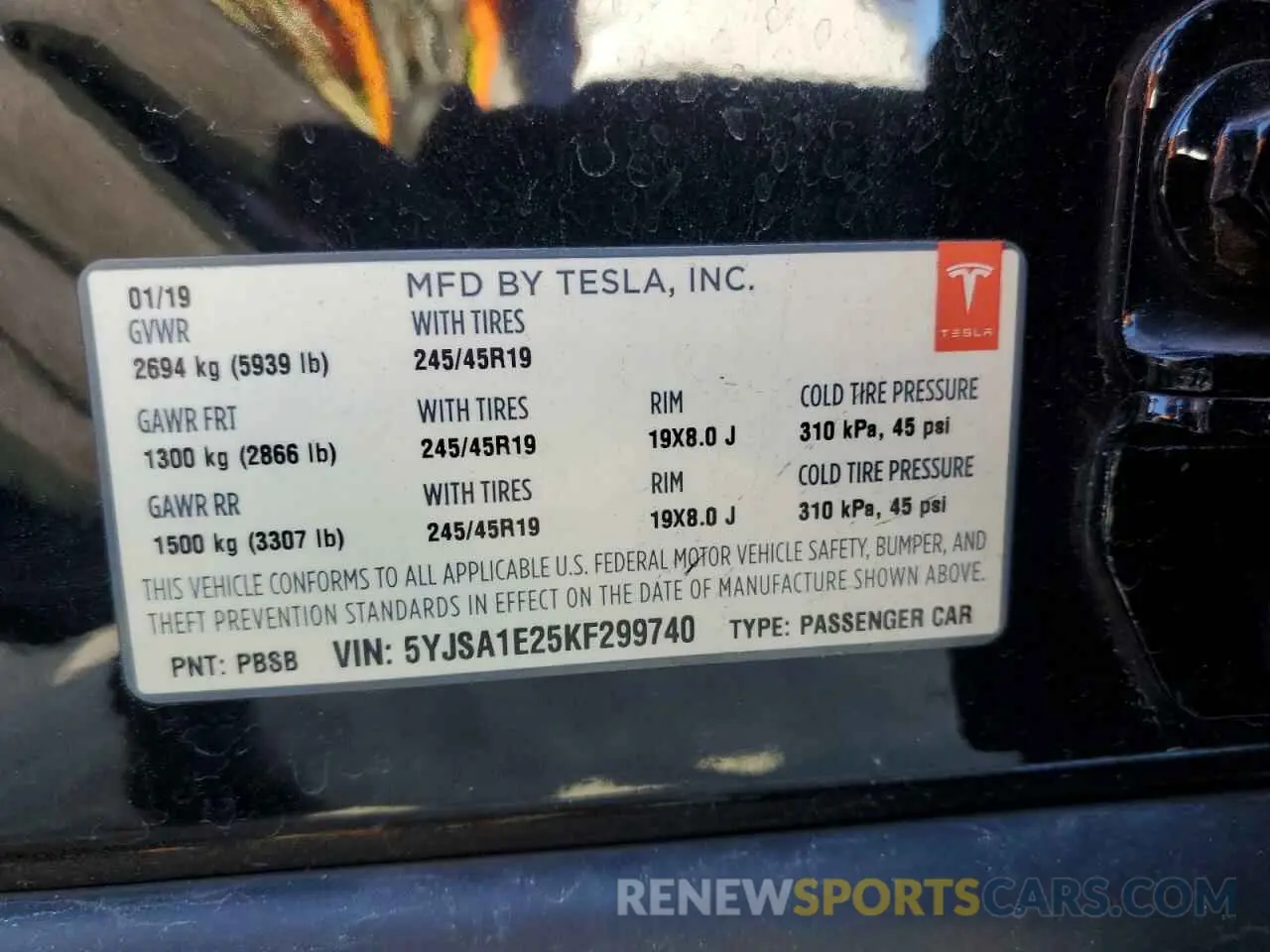 12 fotografías del automóvil dañado 5YJSA1E25KF299740 TESLA MODEL S 2019