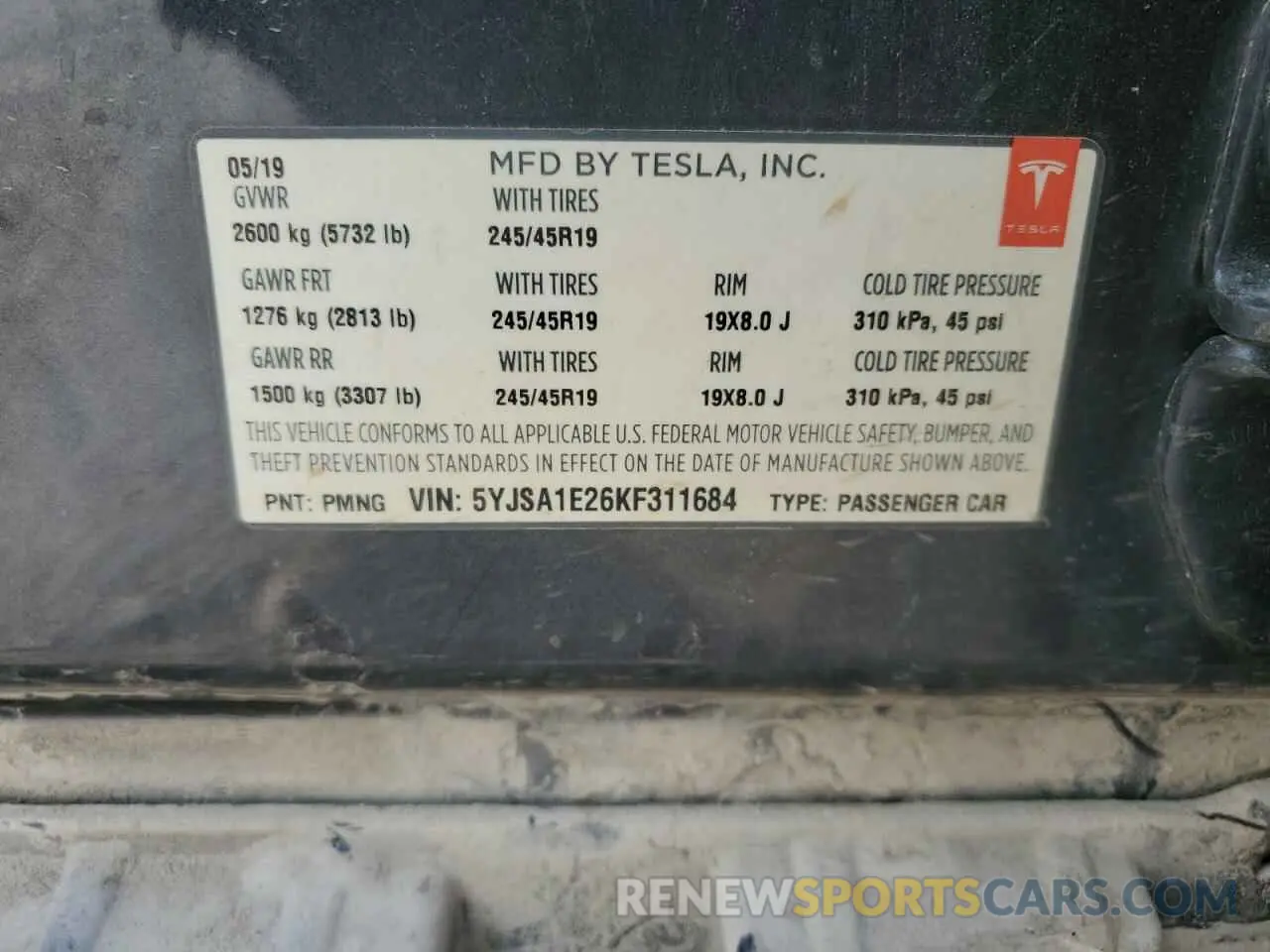 13 fotografías del automóvil dañado 5YJSA1E26KF311684 TESLA MODEL S 2019