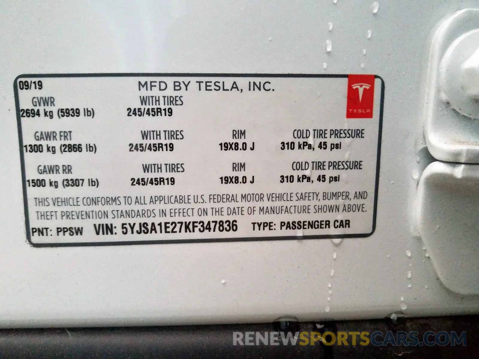 10 fotografías del automóvil dañado 5YJSA1E27KF347836 TESLA MODEL S 2019