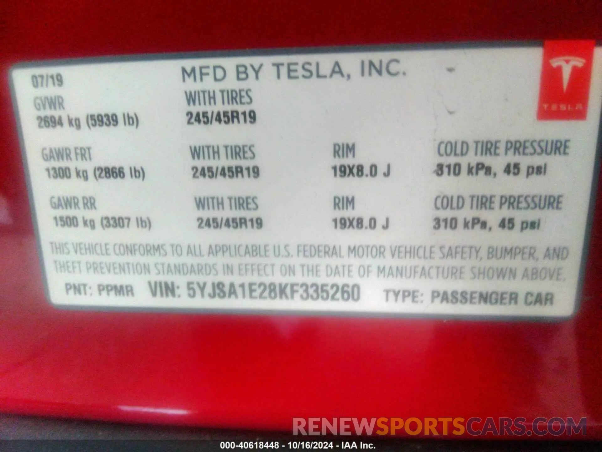 9 fotografías del automóvil dañado 5YJSA1E28KF335260 TESLA MODEL S 2019