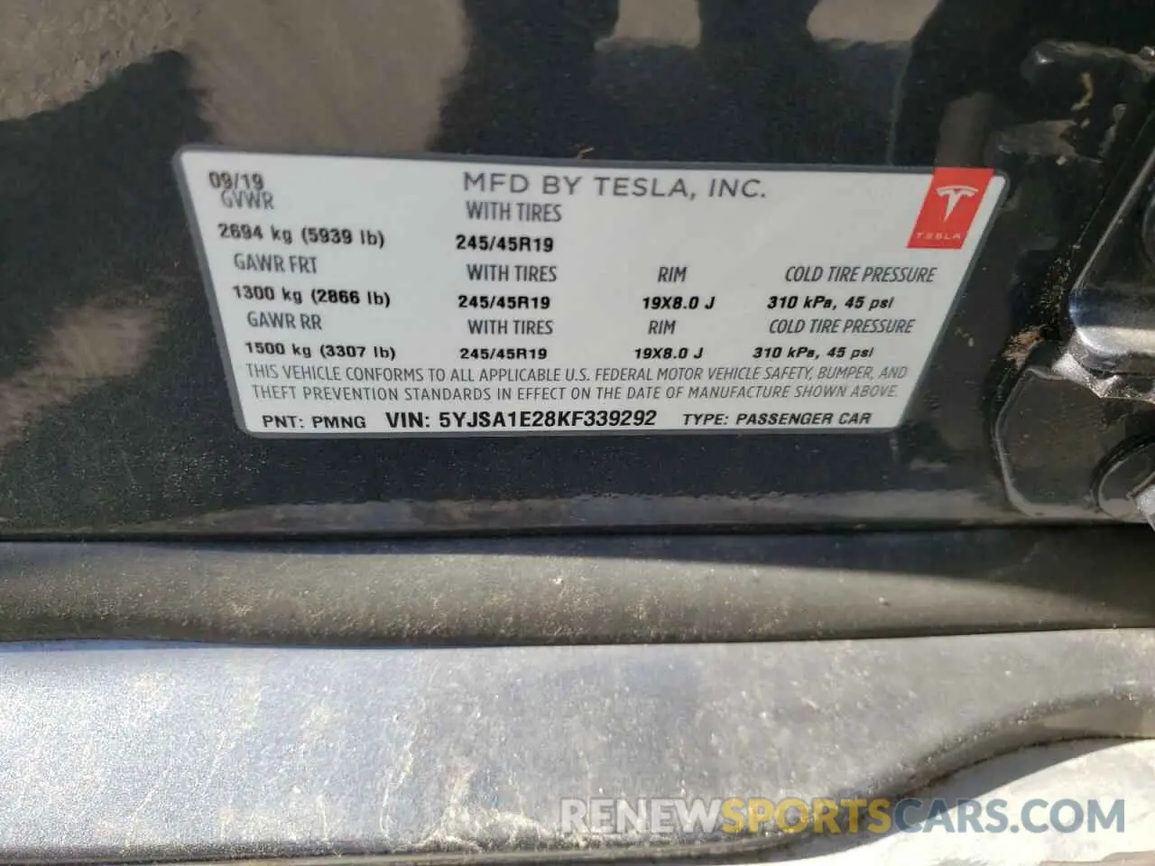 10 fotografías del automóvil dañado 5YJSA1E28KF339292 TESLA MODEL S 2019