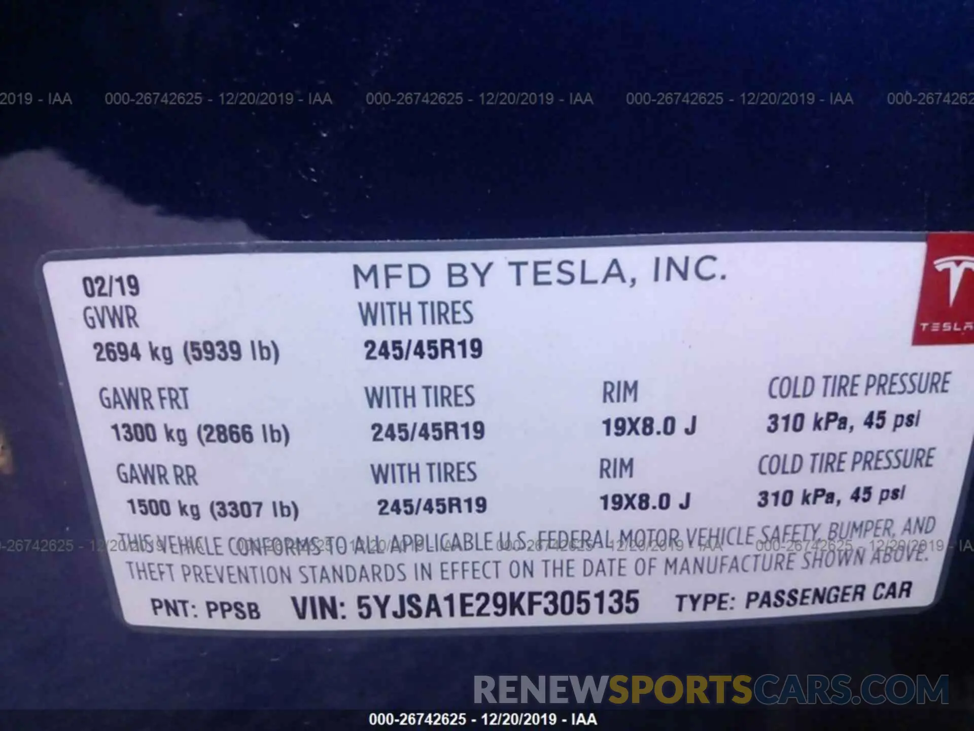 9 fotografías del automóvil dañado 5YJSA1E29KF305135 TESLA MODEL S 2019