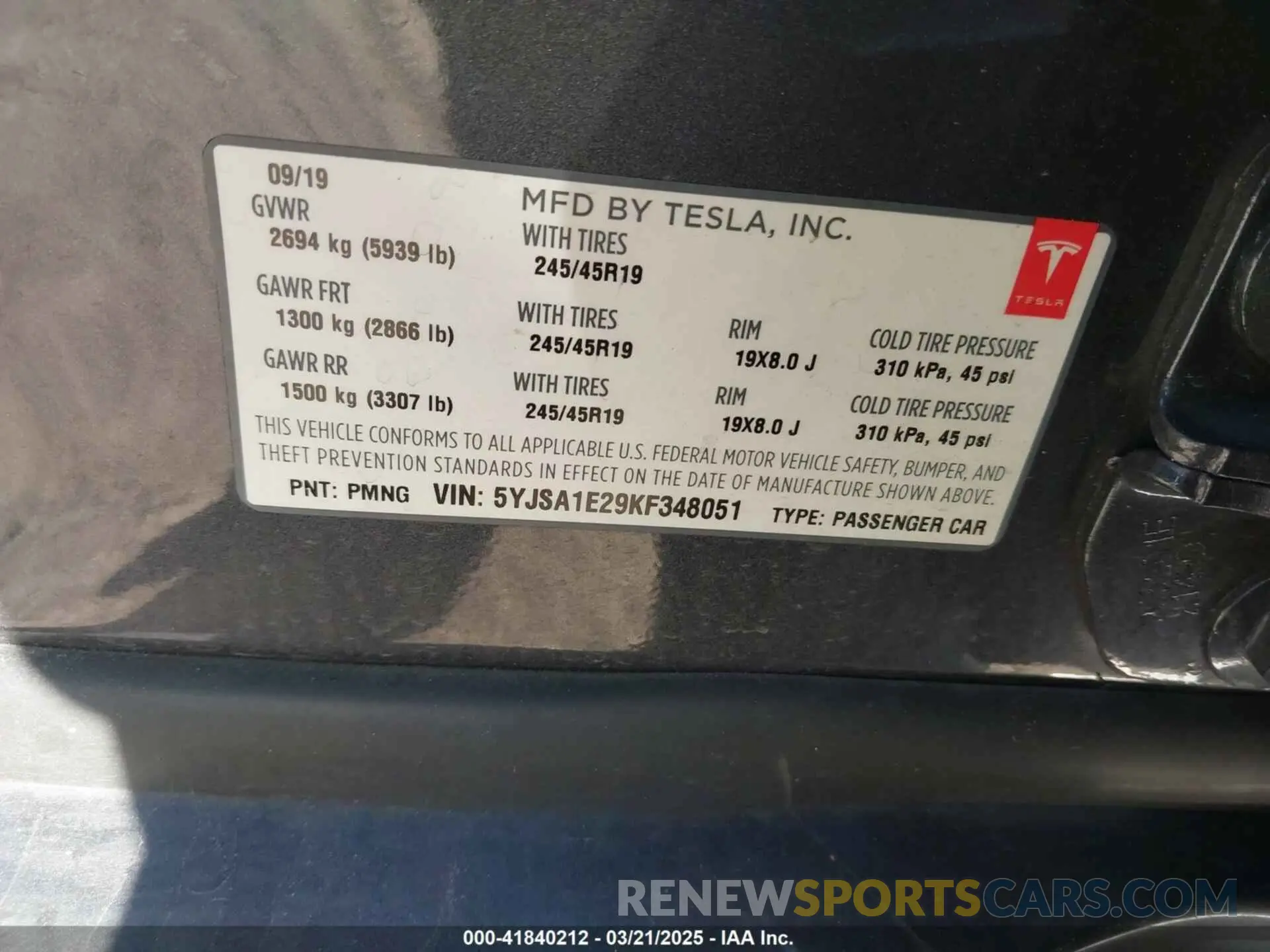 9 fotografías del automóvil dañado 5YJSA1E29KF348051 TESLA MODEL S 2019