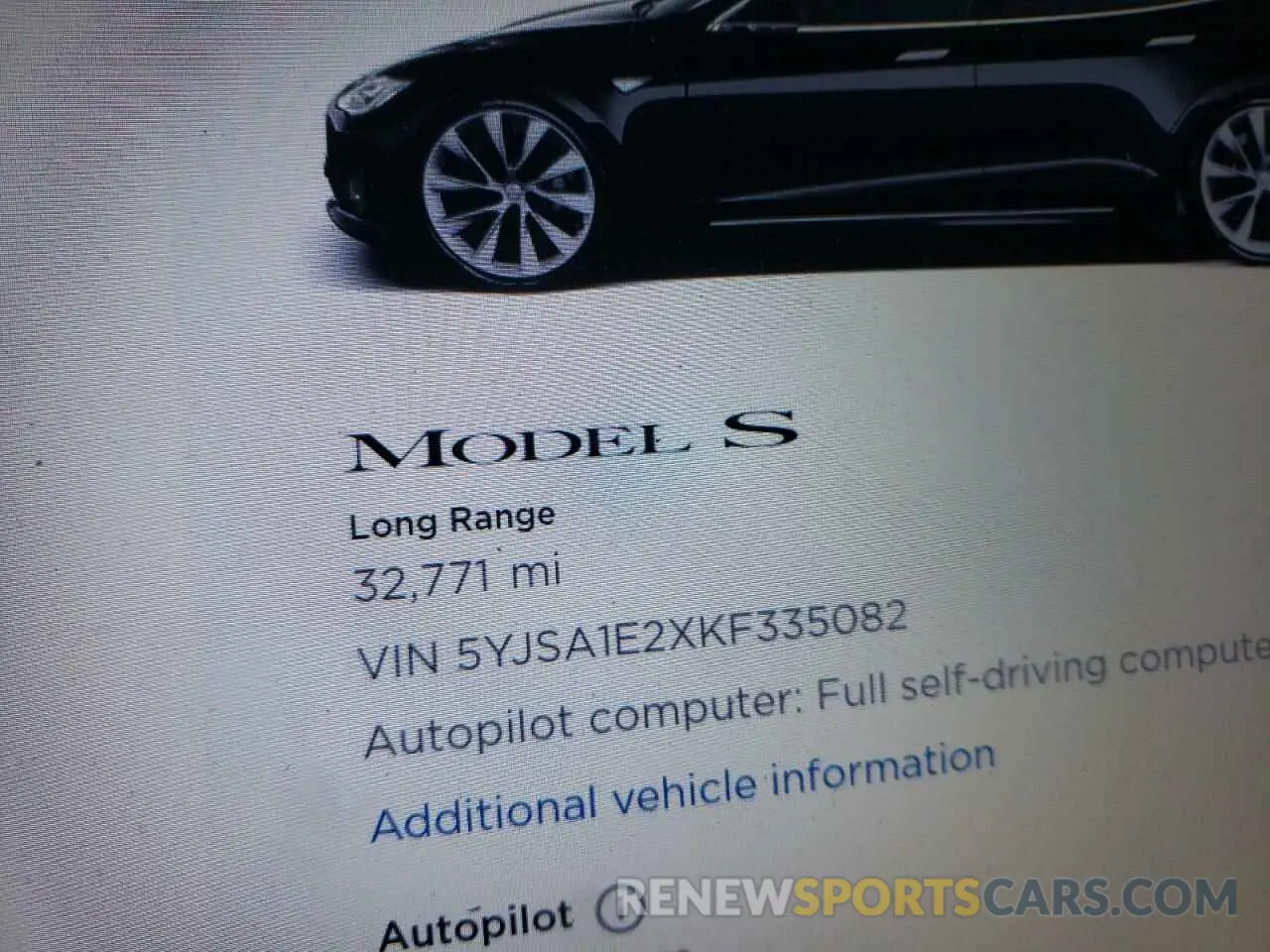 8 fotografías del automóvil dañado 5YJSA1E2XKF335082 TESLA MODEL S 2019