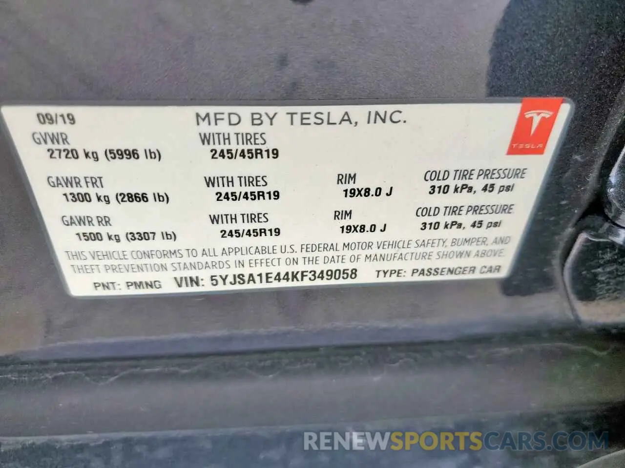 12 fotografías del automóvil dañado 5YJSA1E44KF349058 TESLA MODEL S 2019