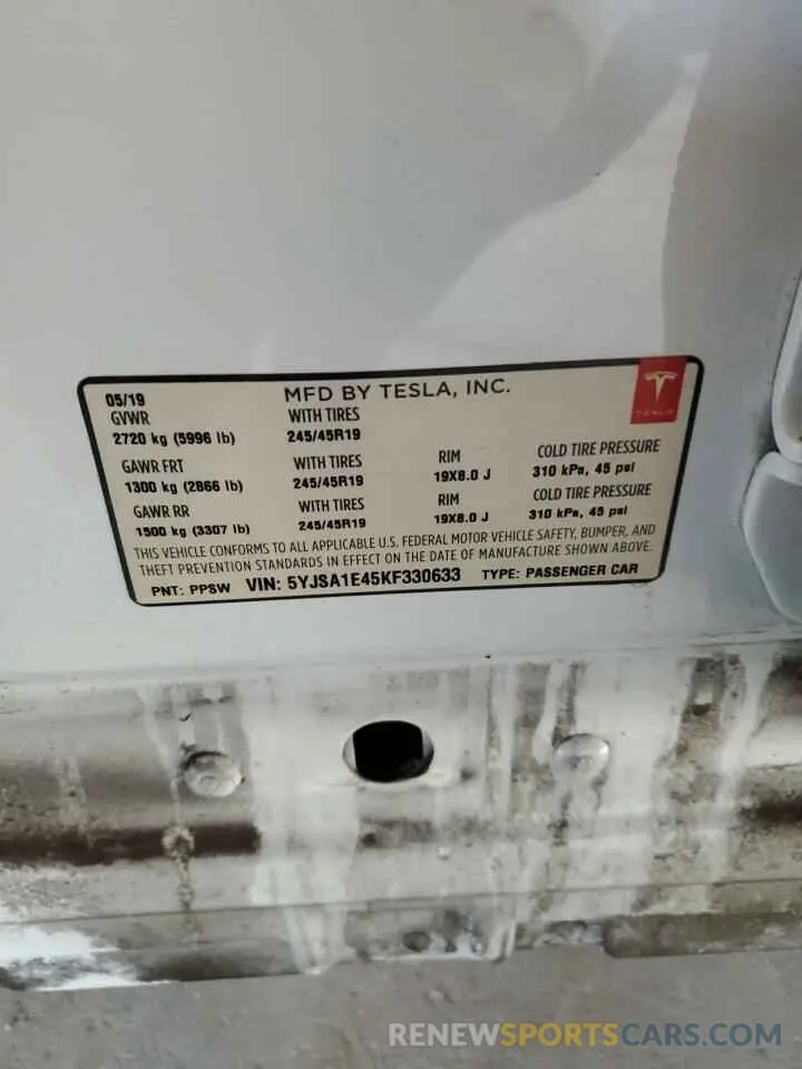 13 fotografías del automóvil dañado 5YJSA1E45KF330633 TESLA MODEL S 2019