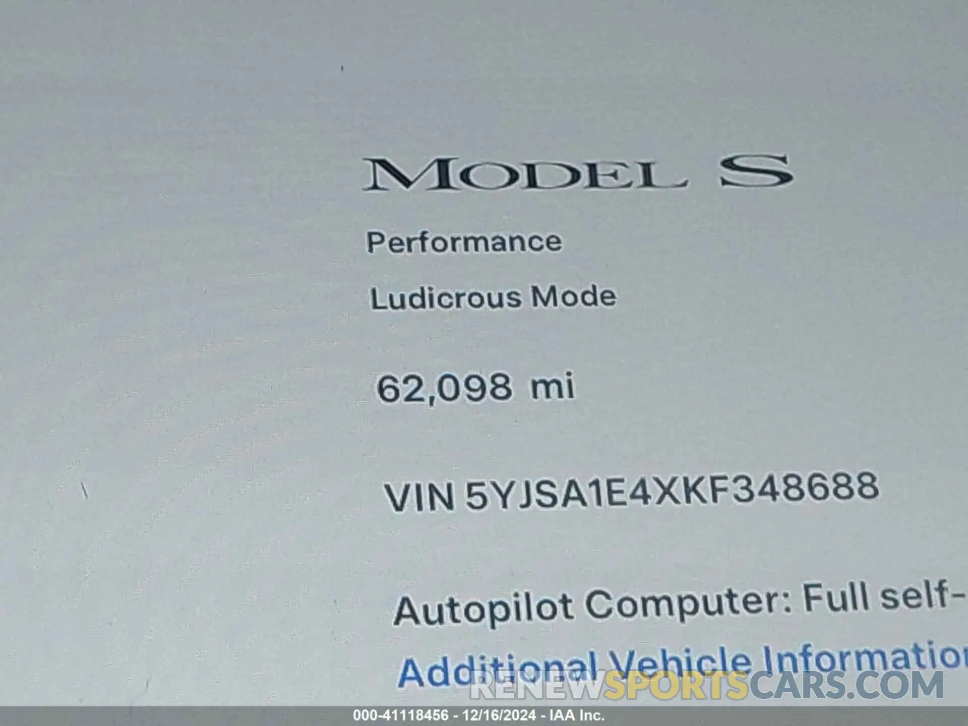 15 fotografías del automóvil dañado 5YJSA1E4XKF348688 TESLA MODEL S 2019